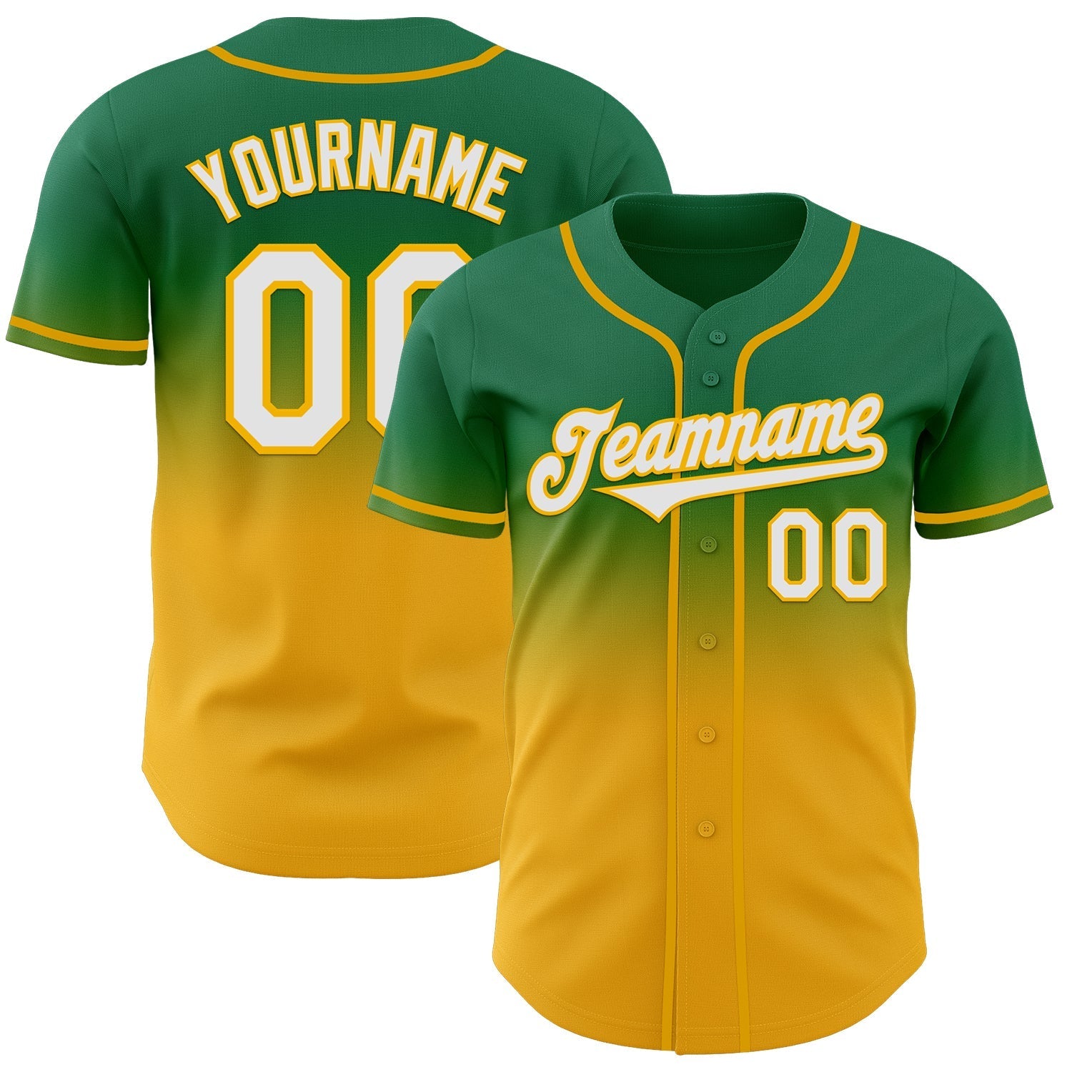 Custom Kelly Green White-Gold Authentic Fade Fashion Baseball Jersey baseball jersey product view 1