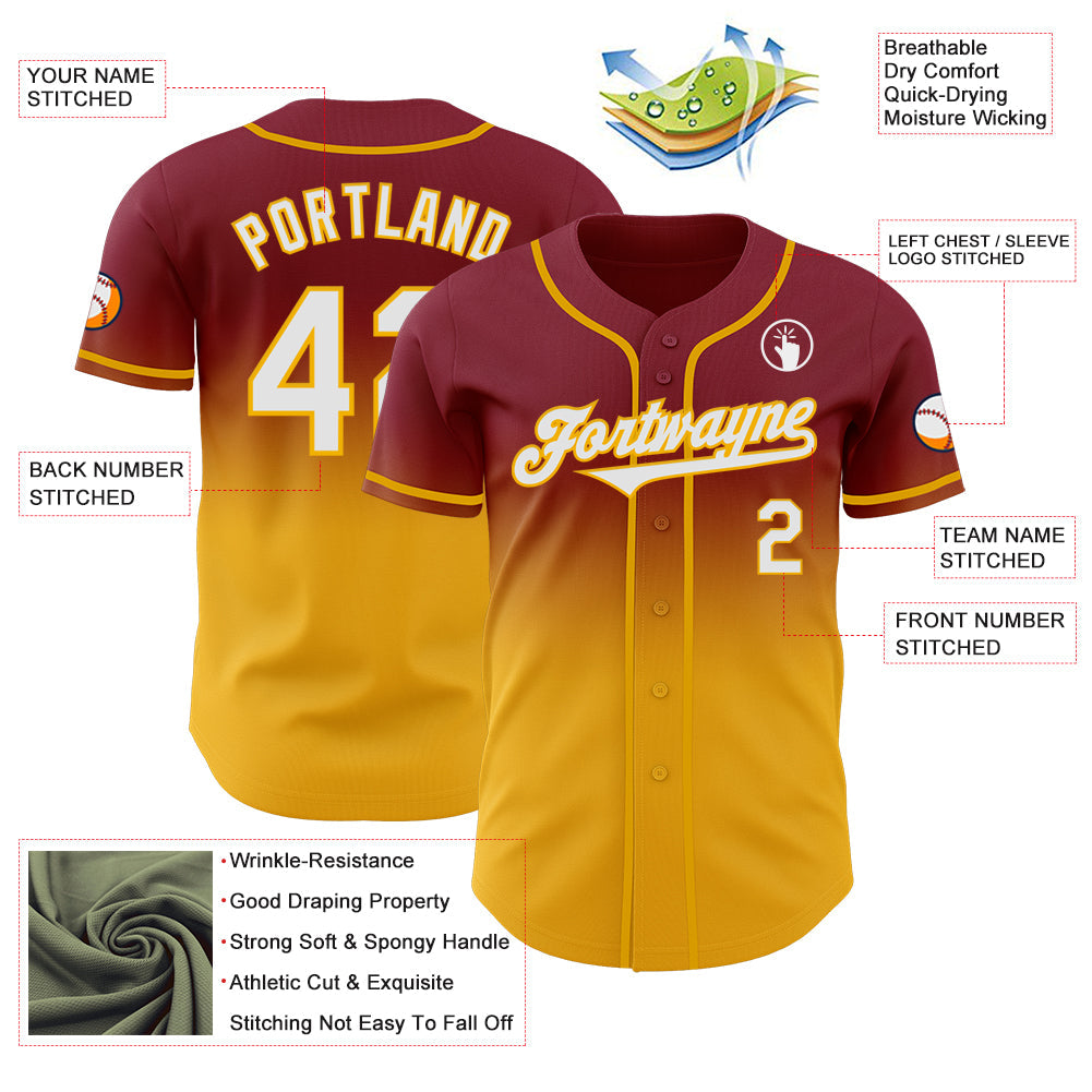 Custom Crimson White-Gold Authentic Fade Fashion Baseball Jersey baseball jersey product view 3