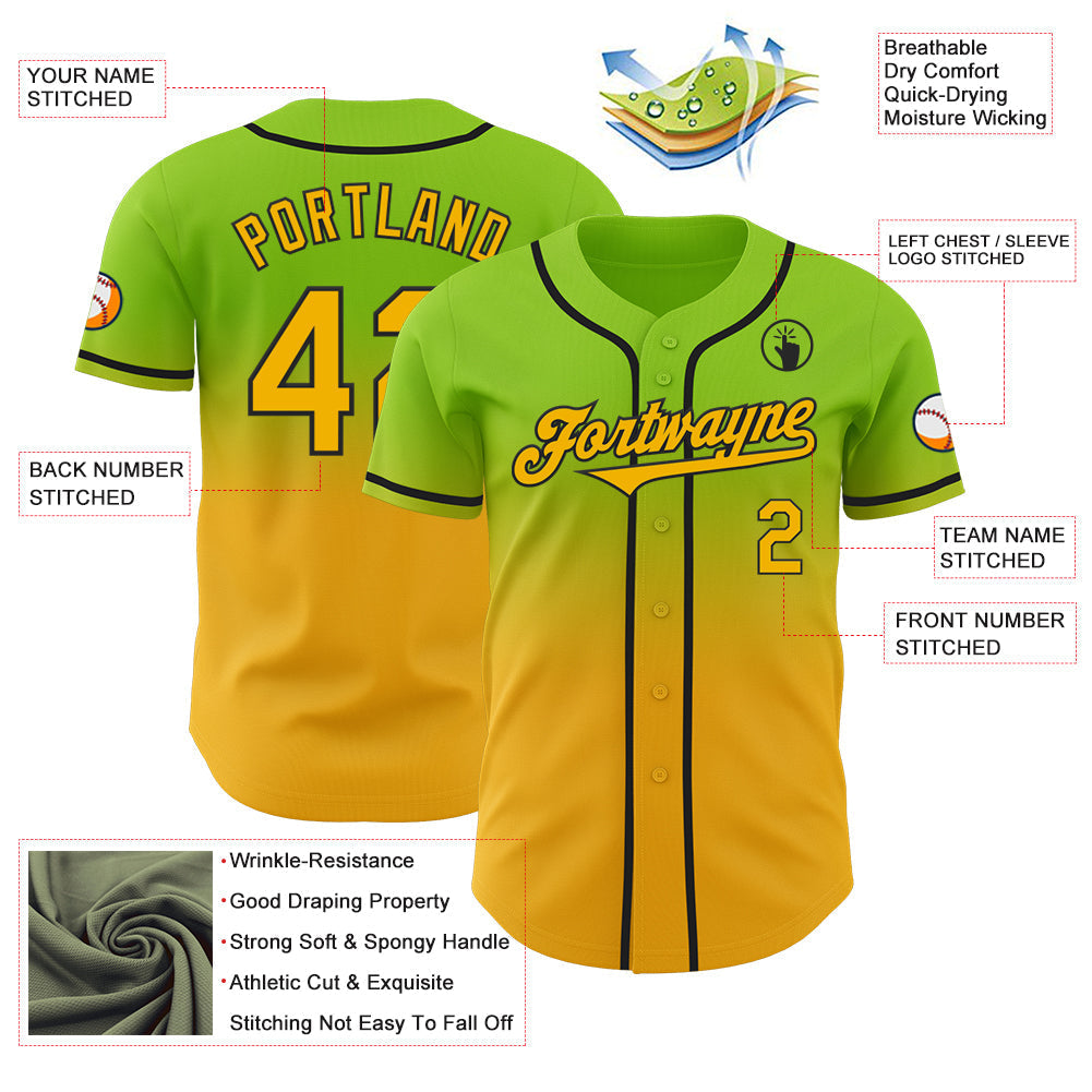 Custom Neon Green Gold-Black Authentic Fade Fashion Baseball Jersey baseball jersey product view 3