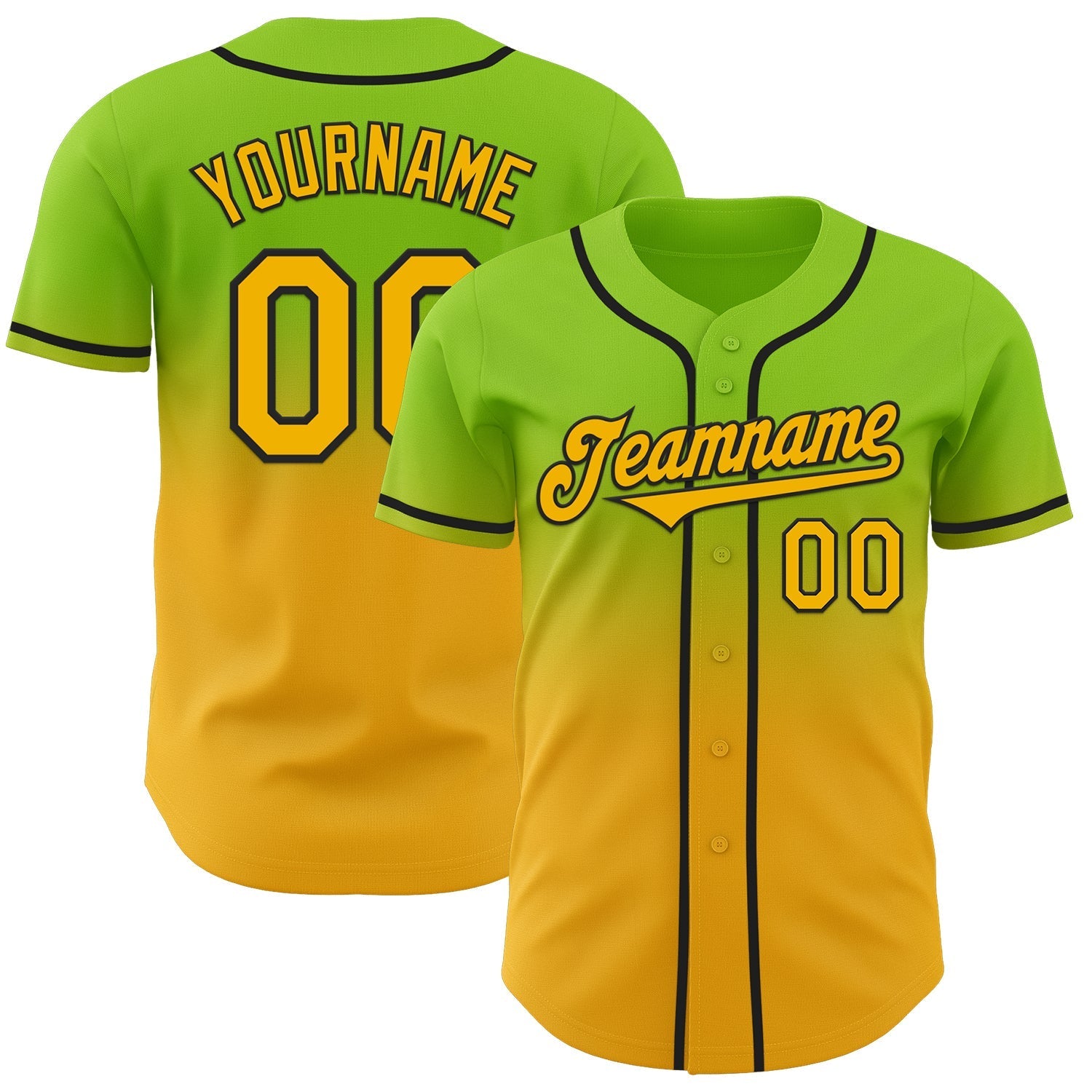 Custom Neon Green Gold-Black Authentic Fade Fashion Baseball Jersey baseball jersey product view 1