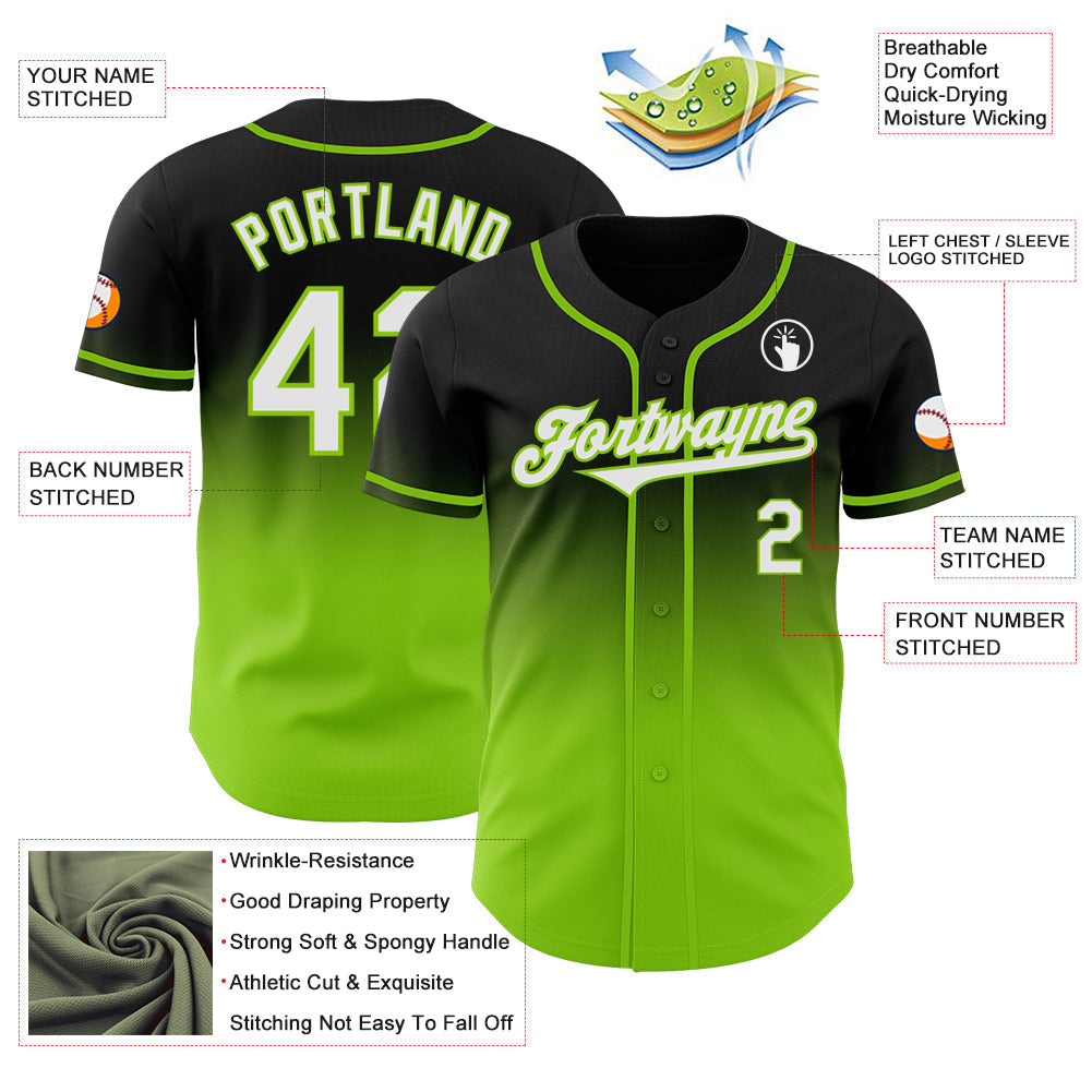 Custom Black White-Neon Green Authentic Fade Fashion Baseball Jersey baseball jersey product view 3