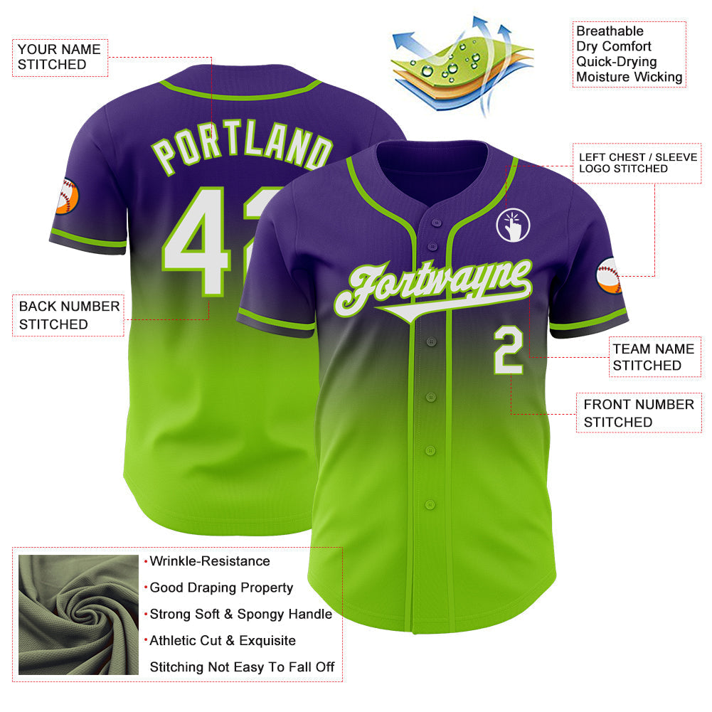 Custom Purple White-Neon Green Authentic Fade Fashion Baseball Jersey baseball jersey product view 3