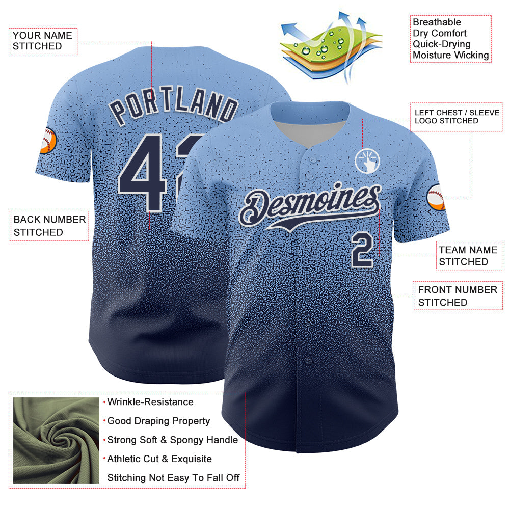 Custom Light Blue Navy-White Fade Fashion Speckle Authentic Baseball Jersey baseball jersey product view 3