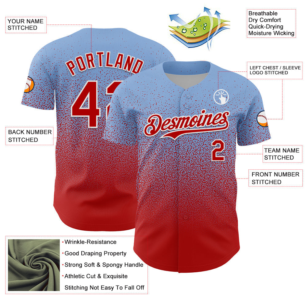 Custom Light Blue Red-White Fade Fashion Speckle Authentic Baseball Jersey baseball jersey product view 3