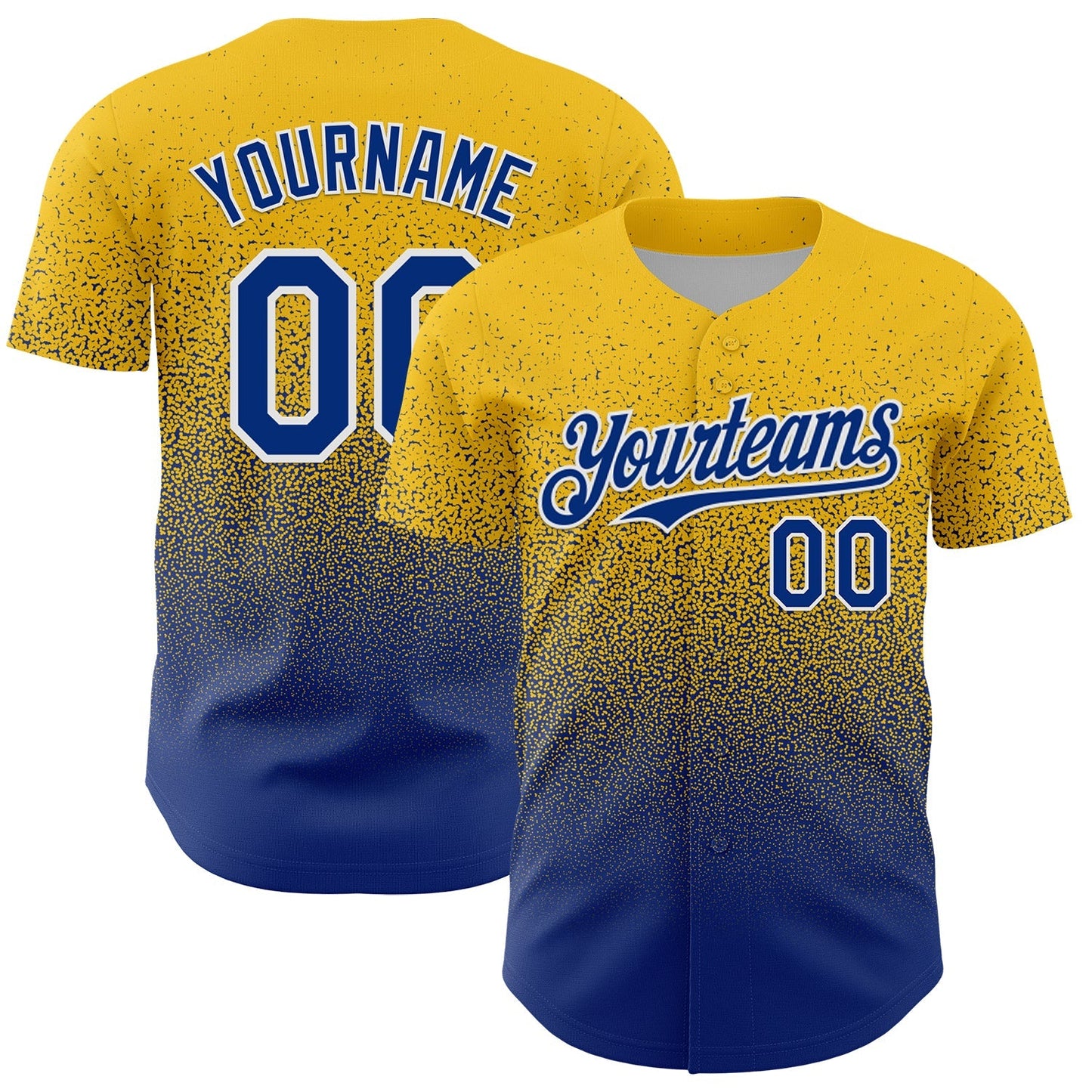 Custom Yellow Royal-White Fade Fashion Speckle Authentic Baseball Jersey baseball jersey product view 1