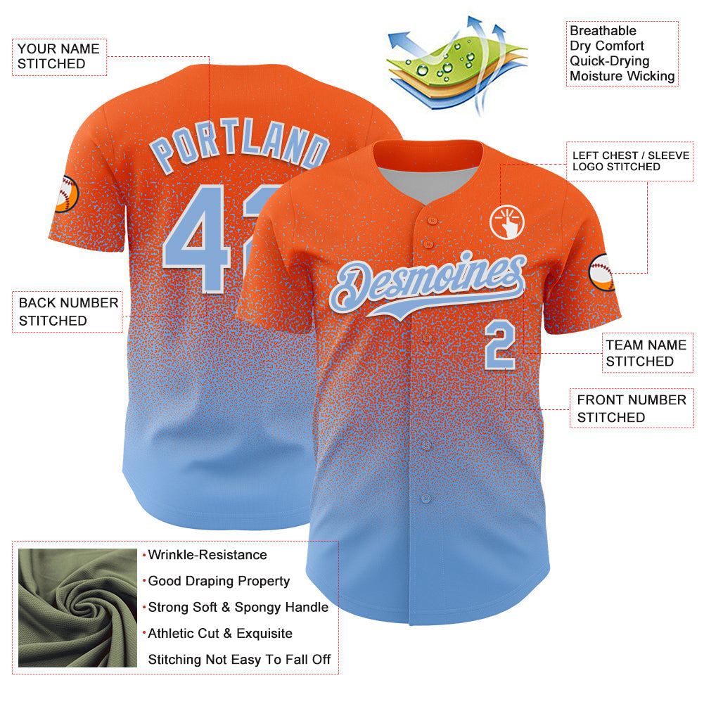 Custom Orange Light Blue-White Fade Fashion Speckle Authentic Baseball Jersey baseball jersey product view 3