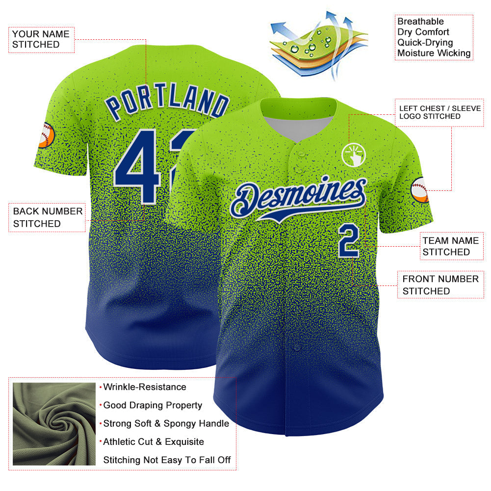 Custom Neon Green Royal-White Fade Fashion Speckle Authentic Baseball Jersey baseball jersey product view 3