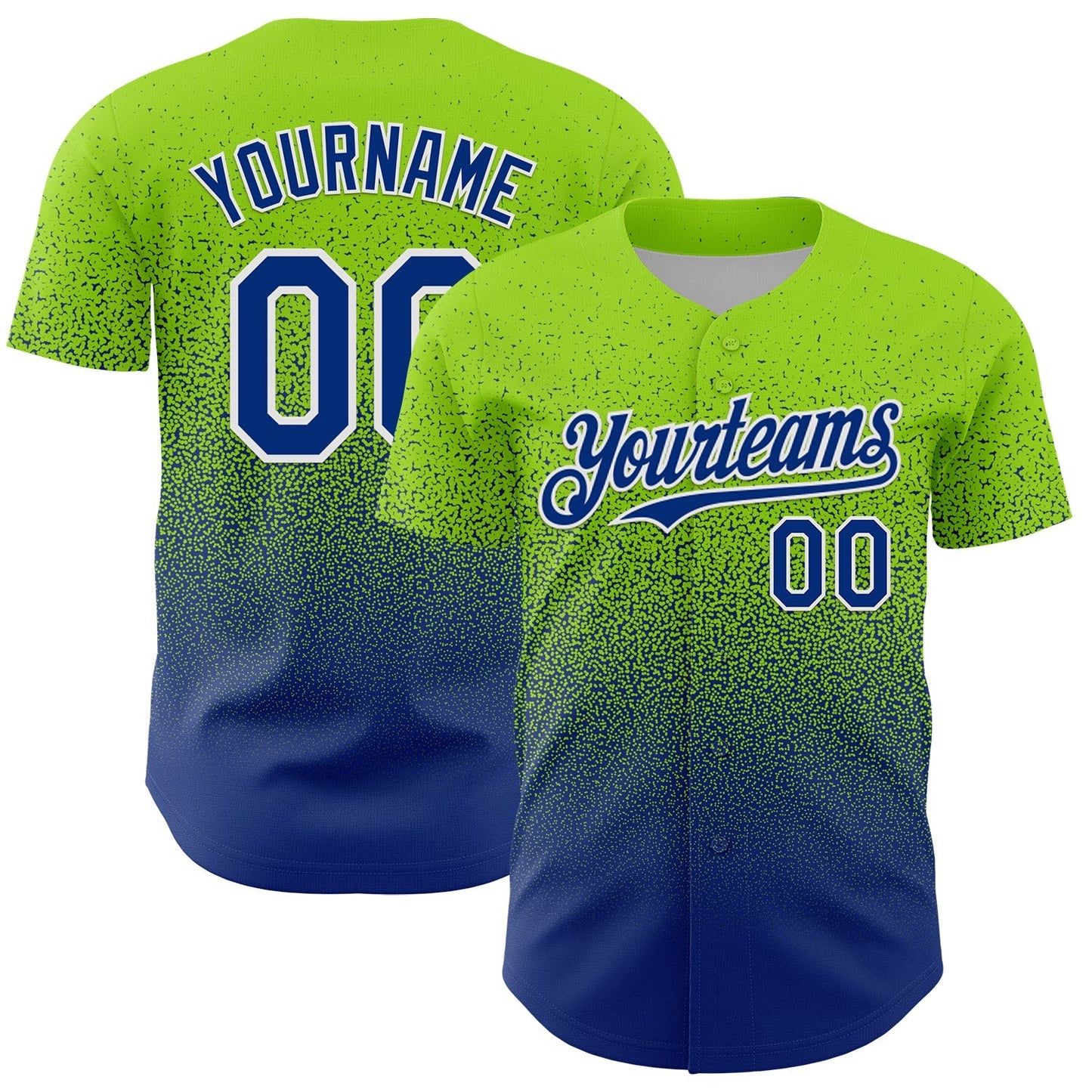 Custom Neon Green Royal-White Fade Fashion Speckle Authentic Baseball Jersey baseball jersey product view 1