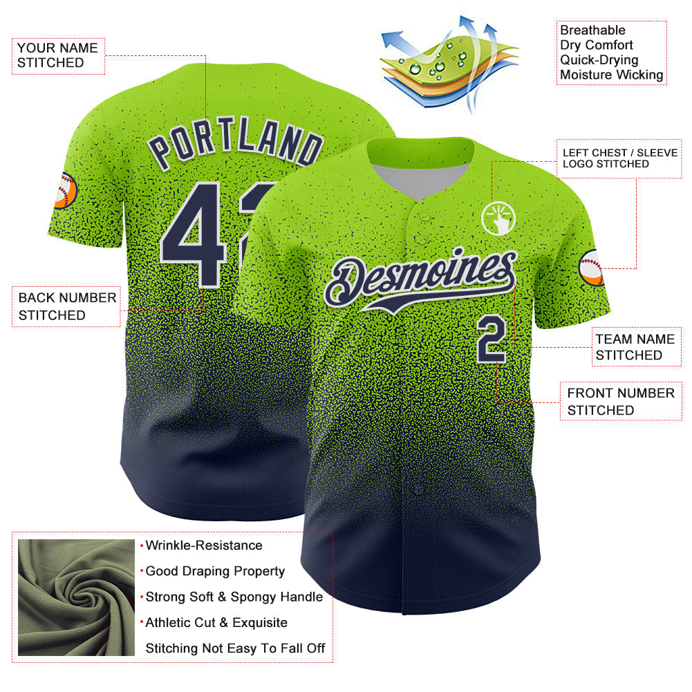 Custom Neon Green Navy-White Fade Fashion Speckle Authentic Baseball Jersey baseball jersey product view 3
