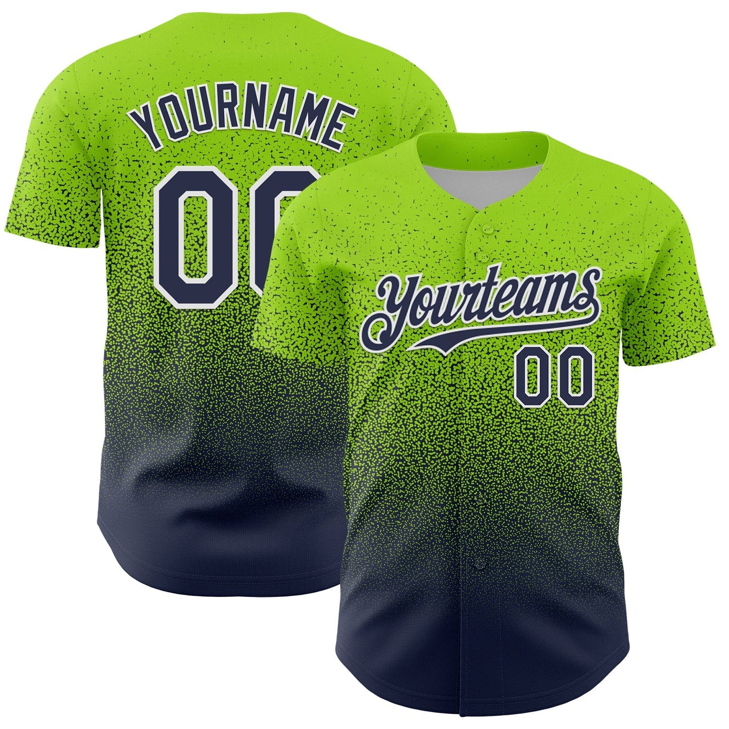 Custom Neon Green Navy-White Fade Fashion Speckle Authentic Baseball Jersey baseball jersey product view 1