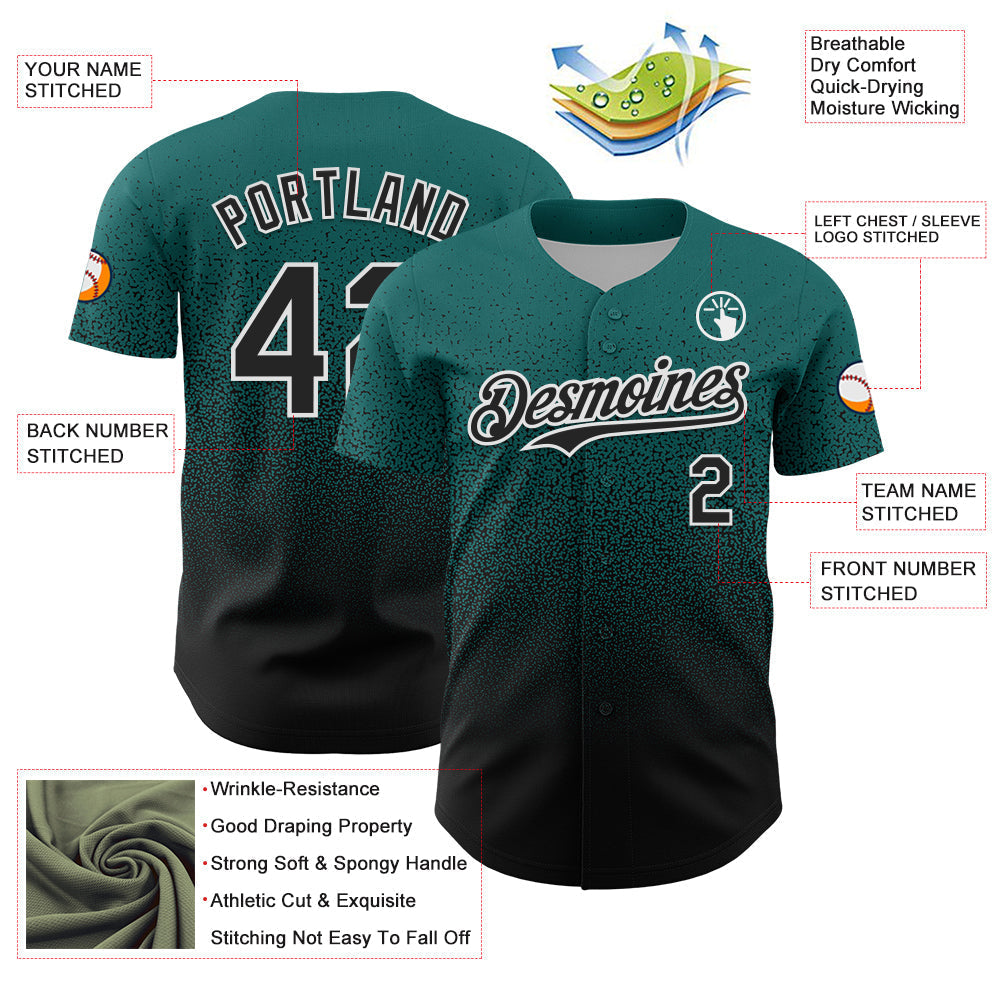 Custom Teal Black-White Fade Fashion Speckle Authentic Baseball Jersey baseball jersey product view 3