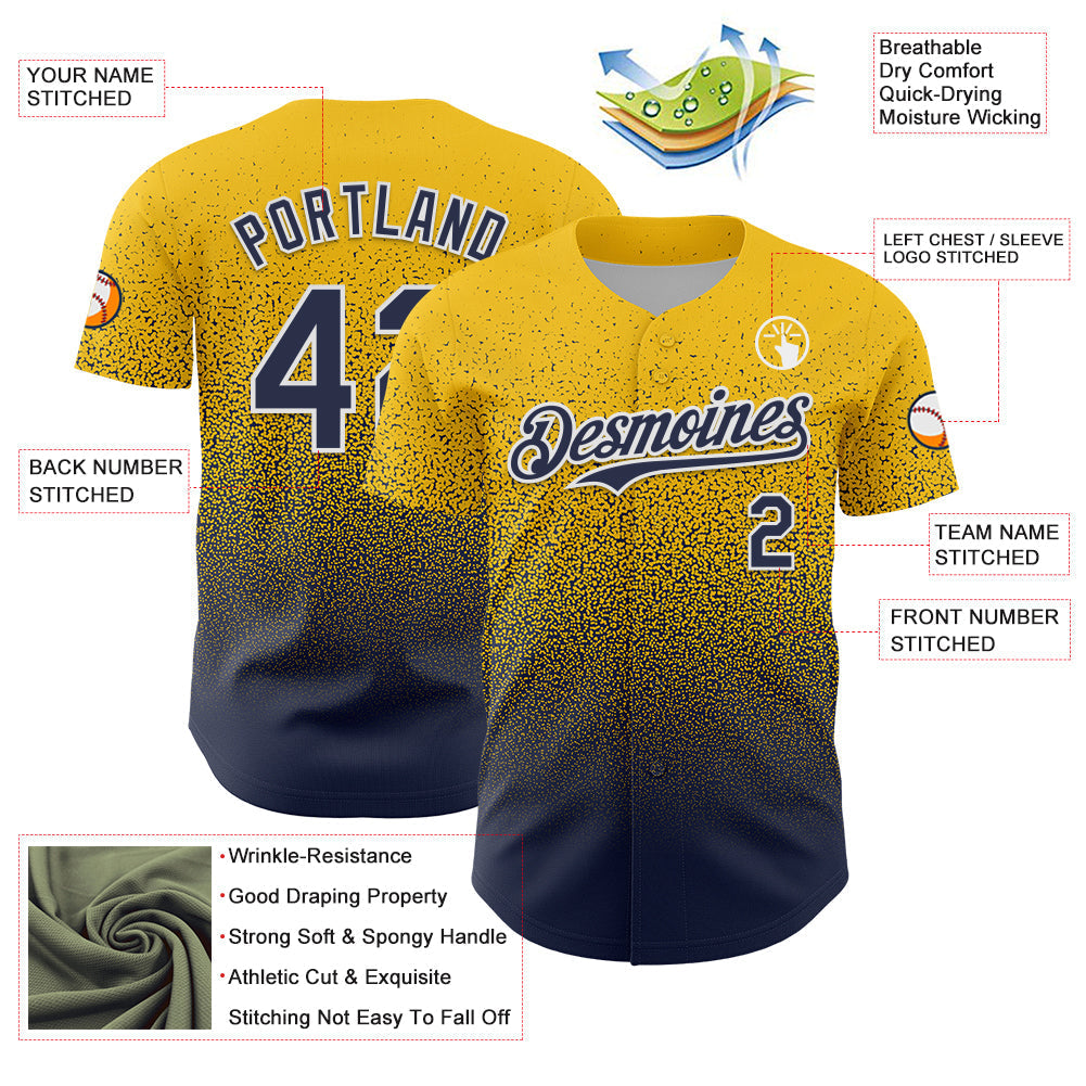 Custom Yellow Navy-White Fade Fashion Speckle Authentic Baseball Jersey baseball jersey product view 3