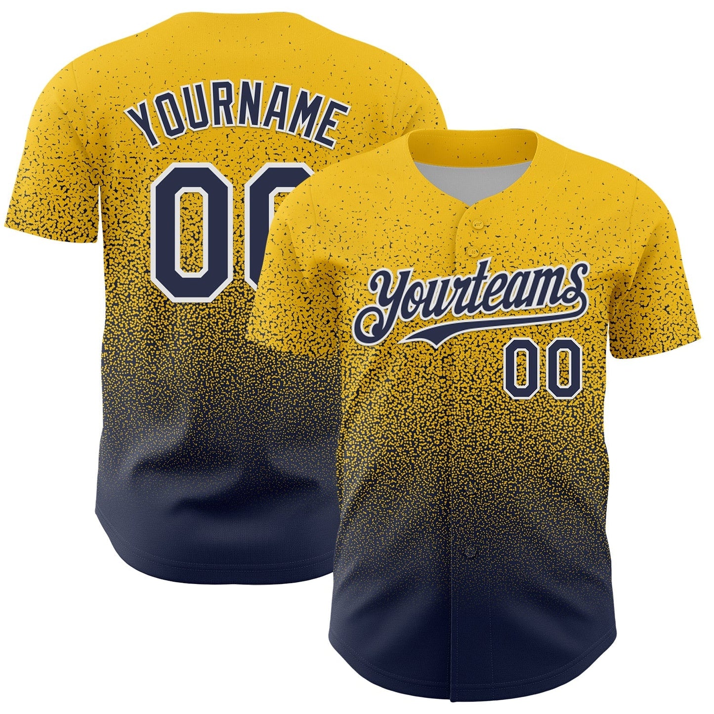 Custom Yellow Navy-White Fade Fashion Speckle Authentic Baseball Jersey baseball jersey product view 1
