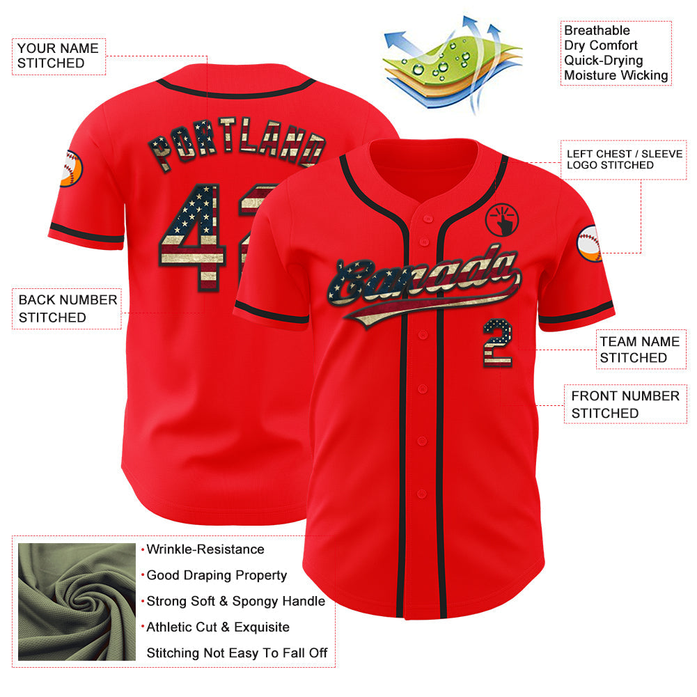 Custom Fire Red Vintage USA Flag-Black Authentic Baseball Jersey baseball jersey product view 3