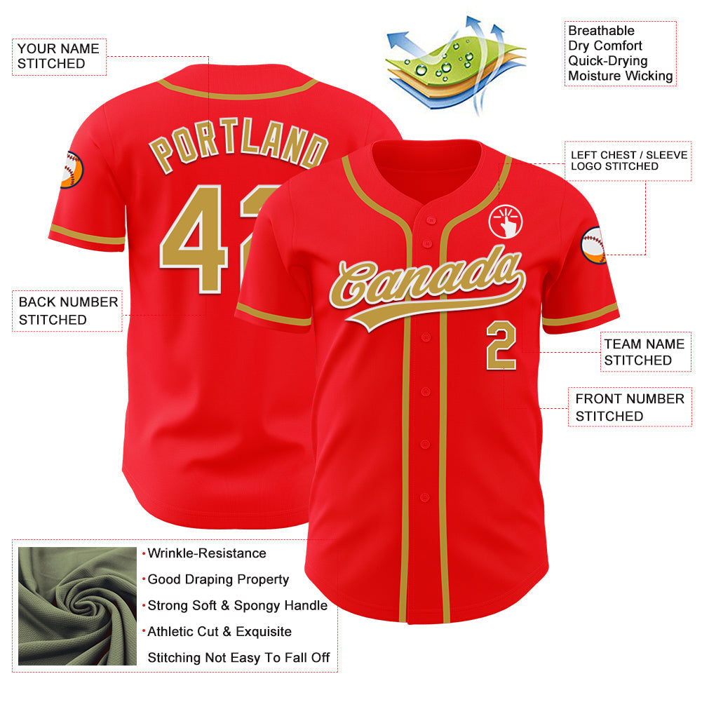 Custom Fire Red Old Gold-White Authentic Baseball Jersey baseball jersey product view 3