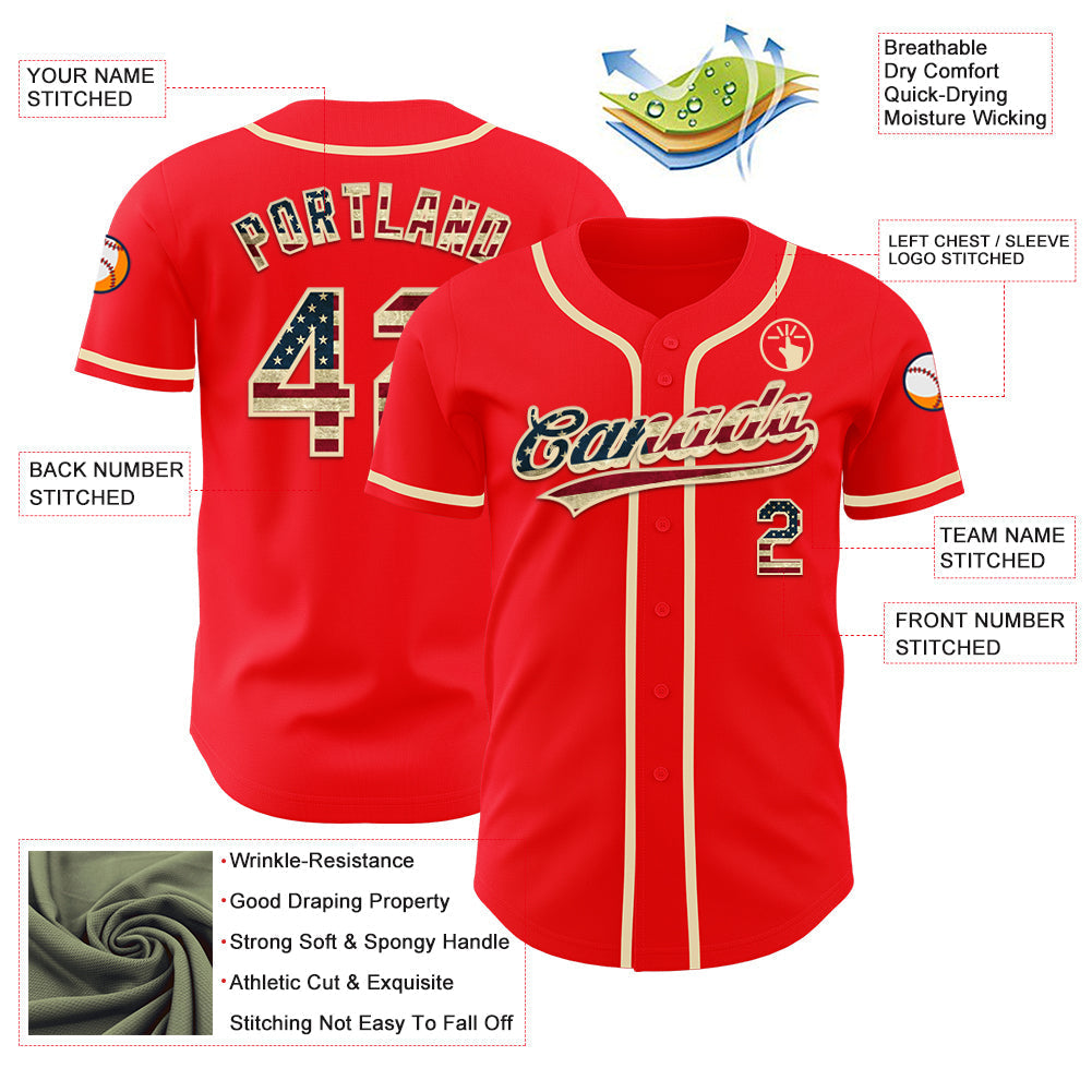 Custom Fire Red Vintage USA Flag-Cream Authentic Baseball Jersey baseball jersey product view 3