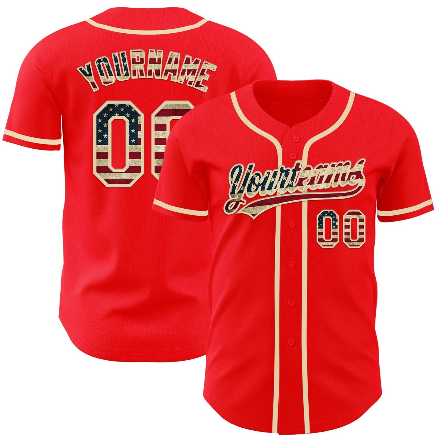 Custom Fire Red Vintage USA Flag-Cream Authentic Baseball Jersey baseball jersey product view 1