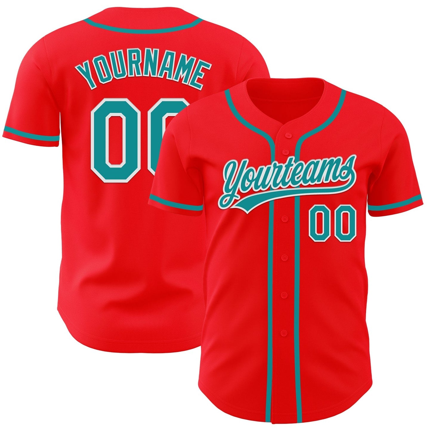 Custom Fire Red Teal-White Authentic Baseball Jersey baseball jersey product view 1