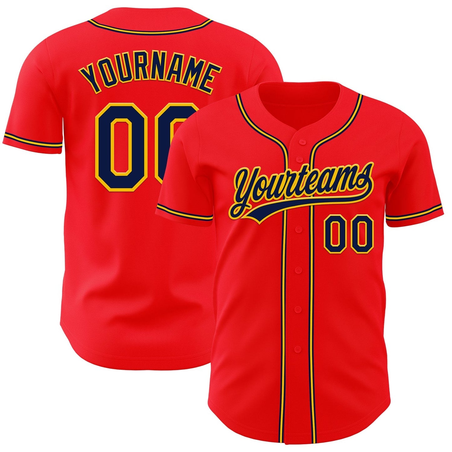 Custom Fire Red Navy-Yellow Authentic Baseball Jersey baseball jersey product view 1
