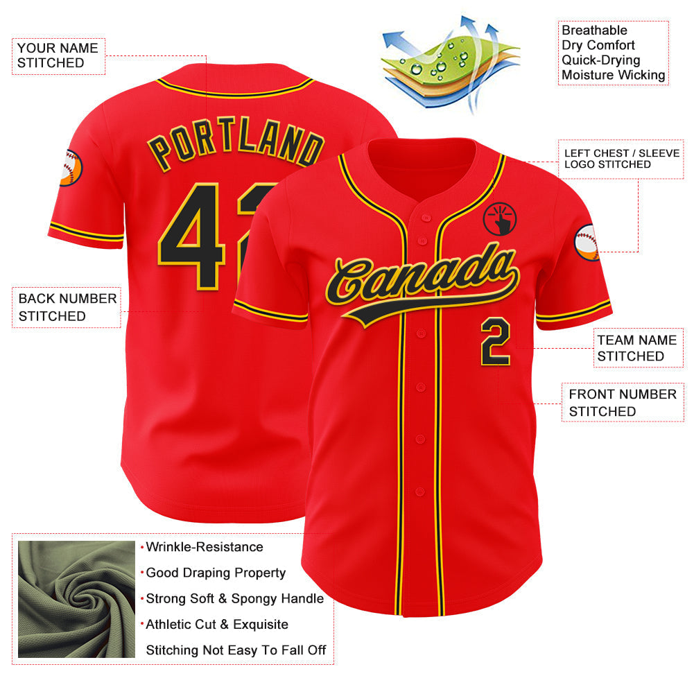 Custom Fire Red Black-Yellow Authentic Baseball Jersey baseball jersey product view 3