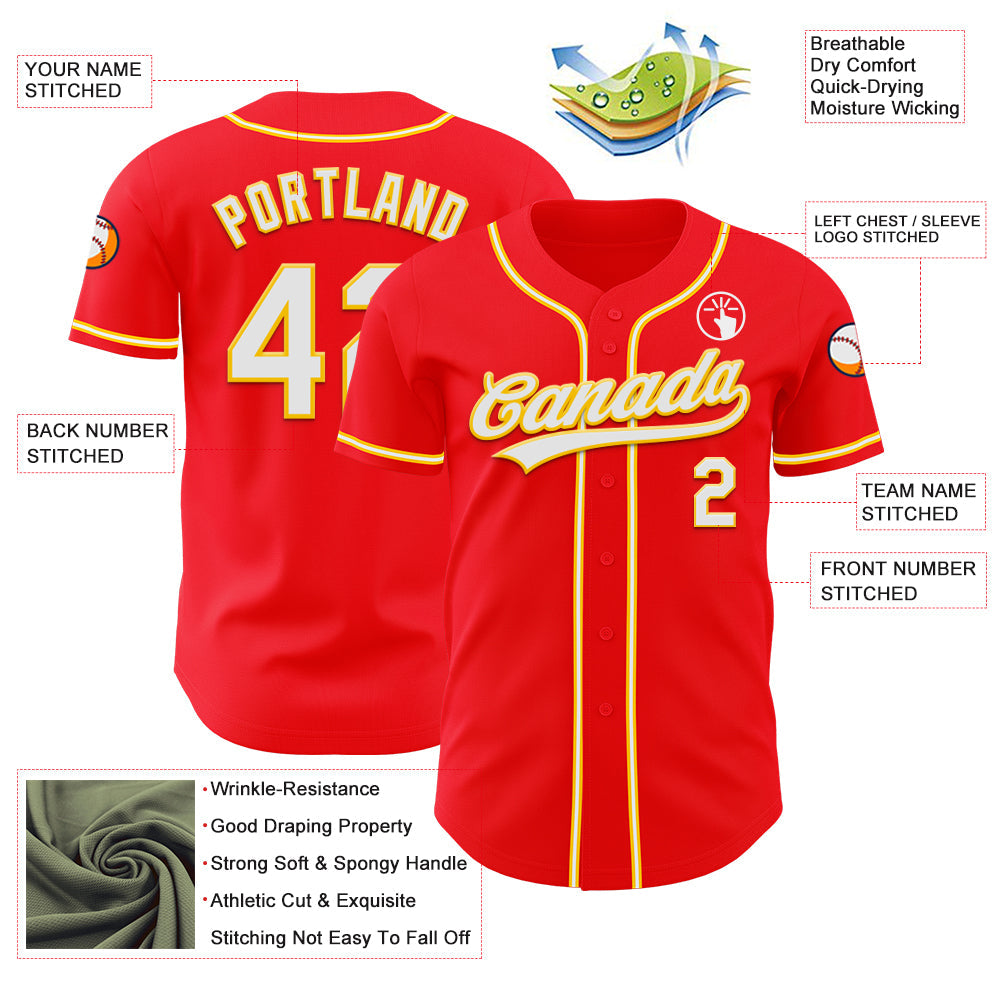 Custom Fire Red White-Yellow Authentic Baseball Jersey baseball jersey product view 3