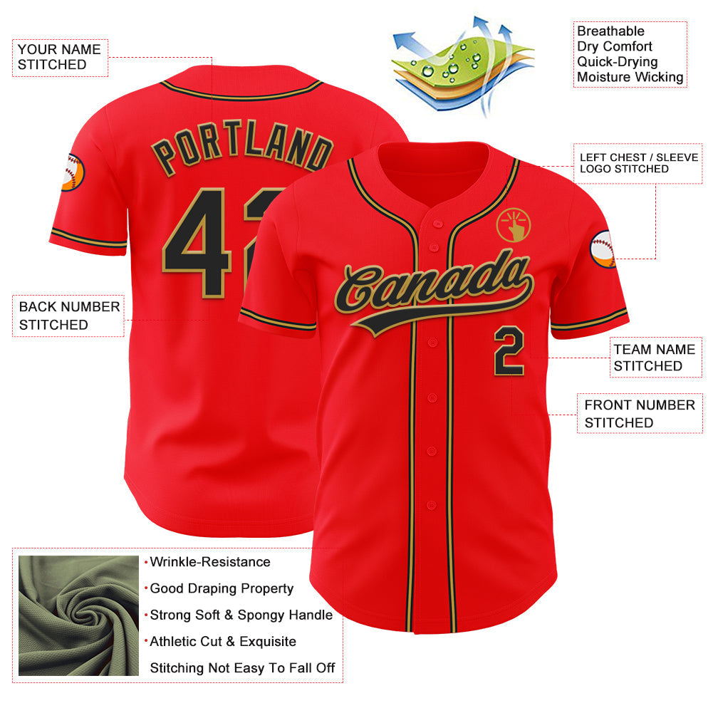 Custom Fire Red Black-Old Gold Authentic Baseball Jersey baseball jersey product view 3