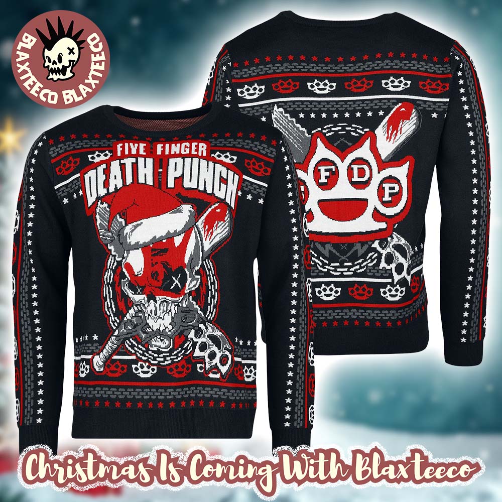 Five Finger Death Punch Big Logo With Santa Hat The Weapons Knitted Black Ugly Christmas Sweater - T-Shirt, Sweatshirt, Hoodie