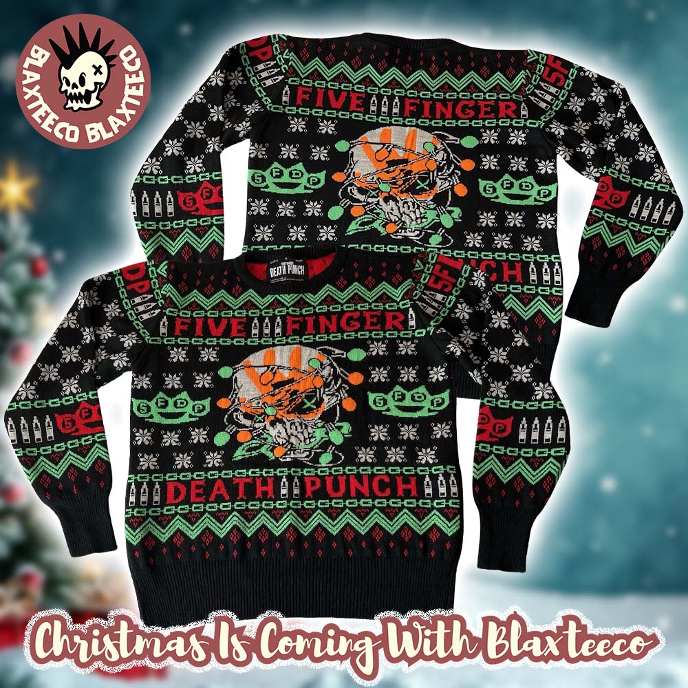 Five Finger Death Punch Signature Skull With Christmas Lights Holiday Gift Ugly Christmas Sweater - T-Shirt, Sweatshirt, Hoodie