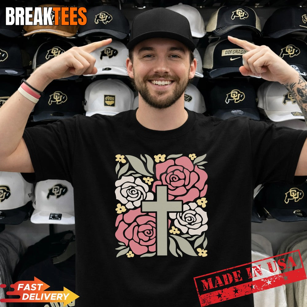Floral Christian Cross Vintage Boho Flower Shirt Unisex T-shirt, Sweatshirt, Hoodie, Long Sleeve Tee - T-Shirt, Sweatshirt, Hoodie