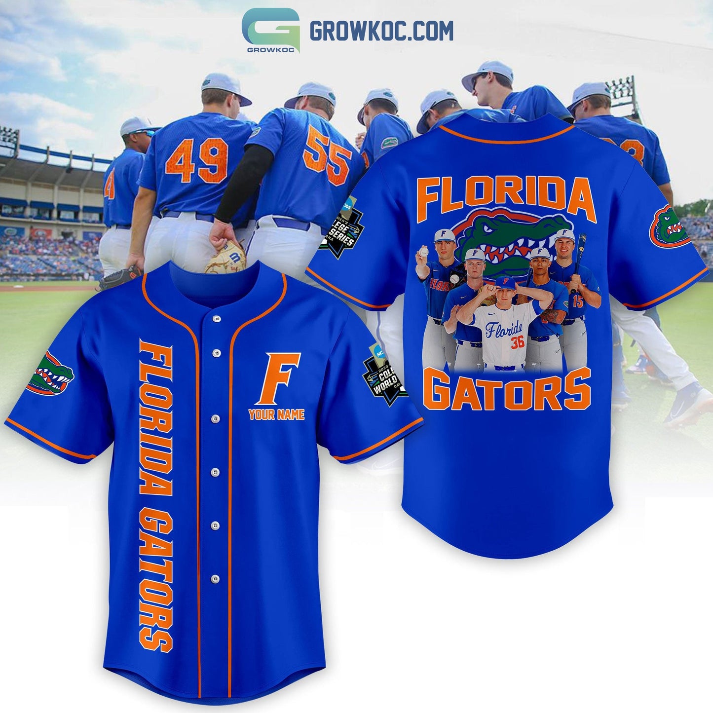Florida Gator Baseball 2023 World Series Personalized Blue Design Baseball Jersey baseball jersey product view 1