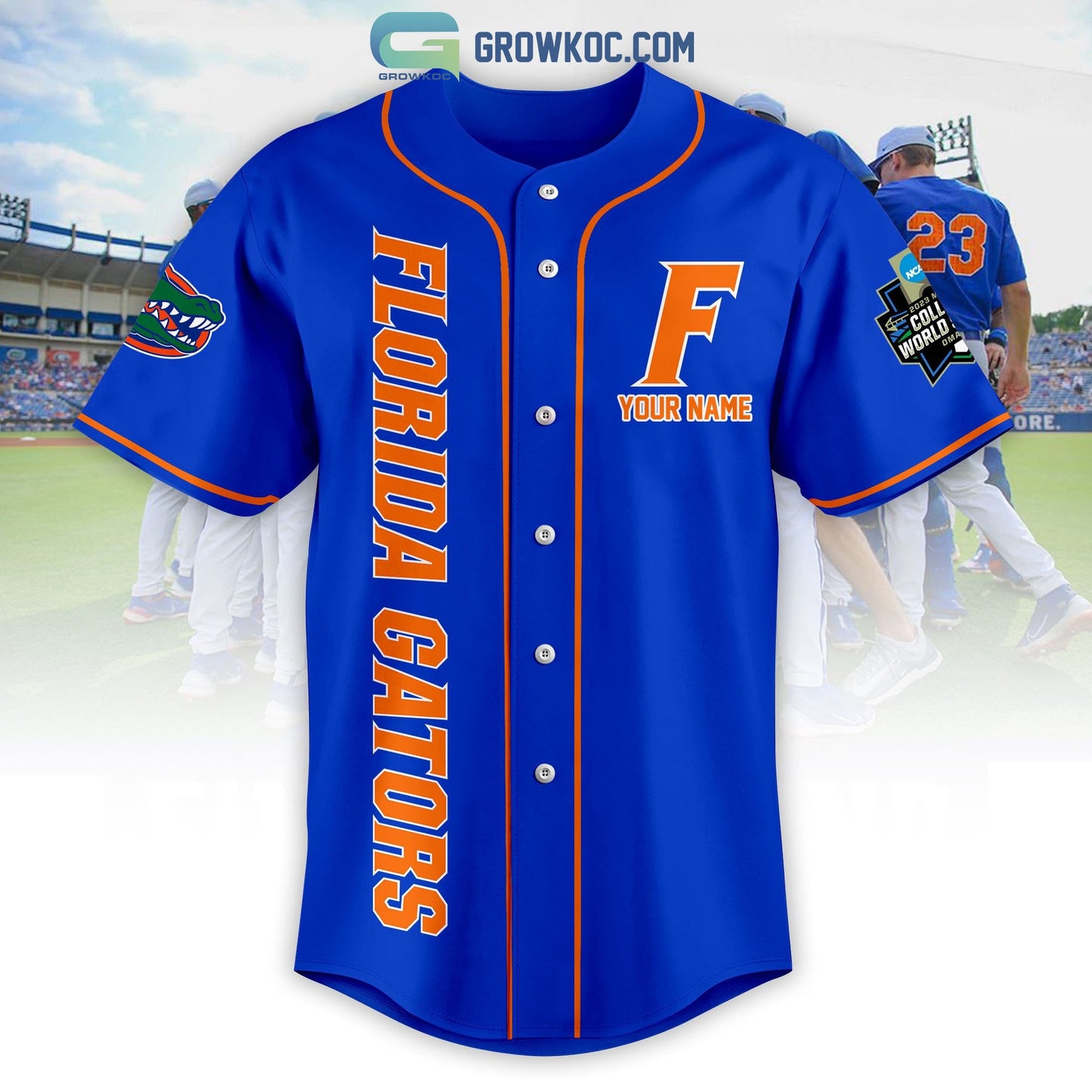 Florida Gator Baseball 2023 World Series Personalized Blue Design Baseball Jersey baseball jersey product view 2