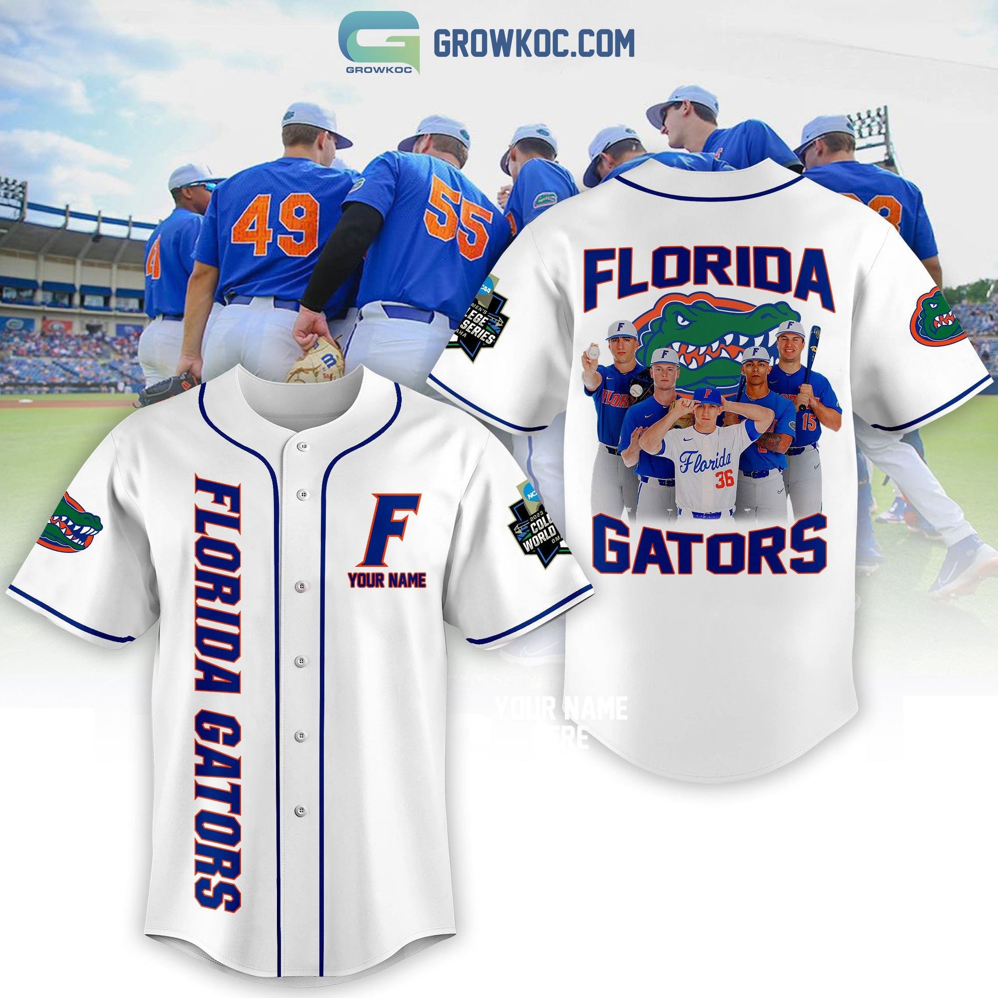 Florida Gator Baseball 2023 World Series Personalized White Design Baseball Jersey baseball jersey product view 1