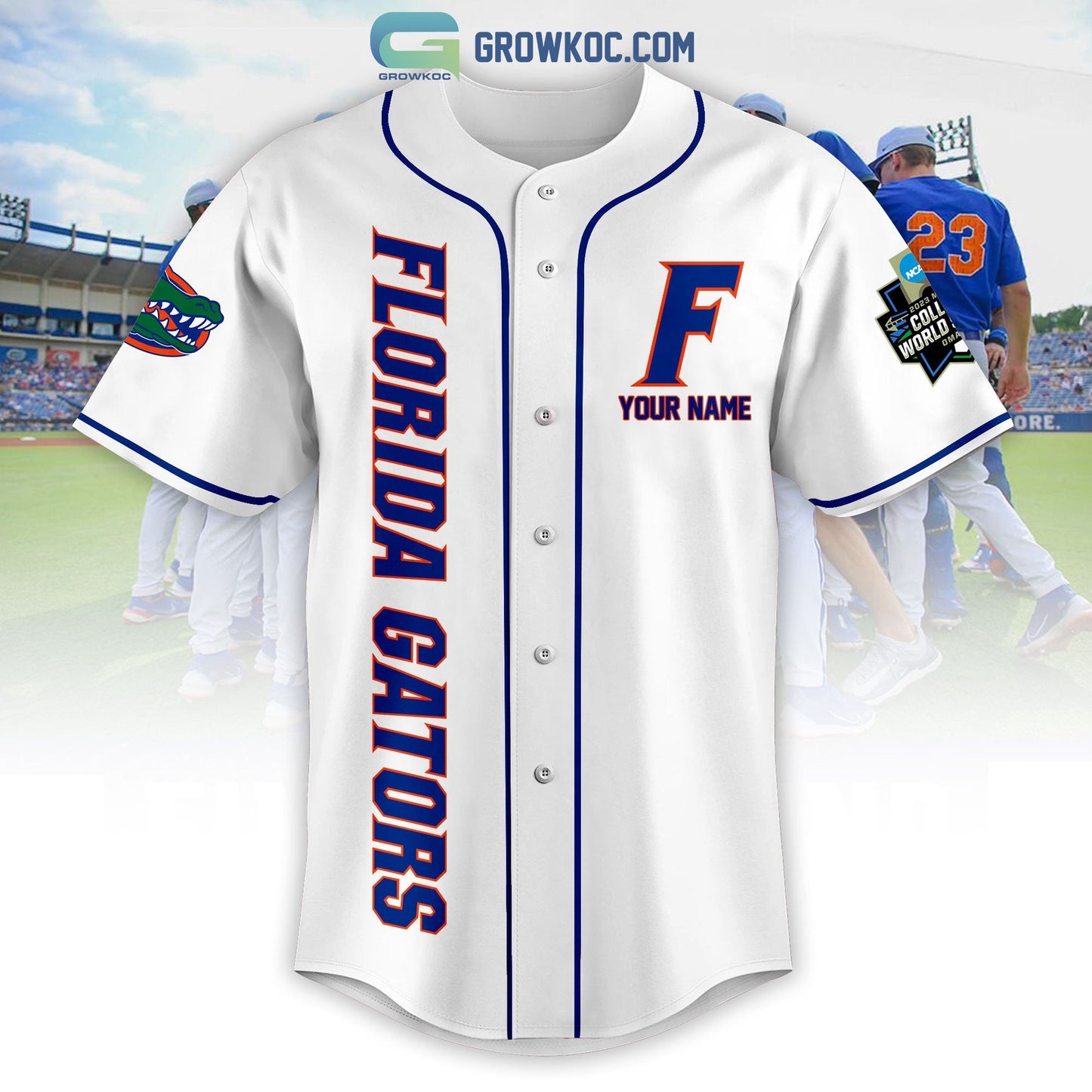 Florida Gator Baseball 2023 World Series Personalized White Design Baseball Jersey baseball jersey product view 2