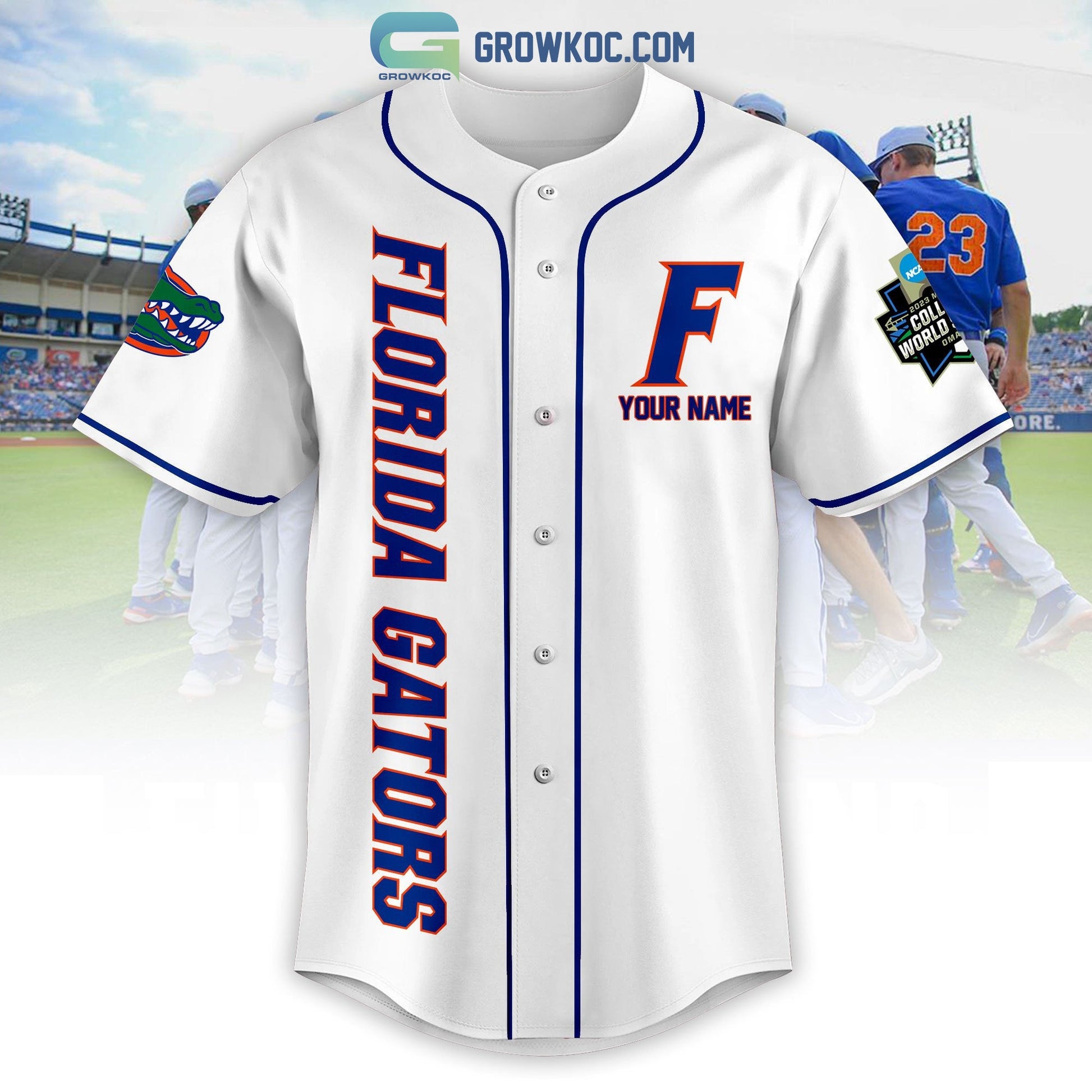 Florida Gator Baseball 2023 World Series Personalized White Design Baseball Jersey baseball jersey product view 2