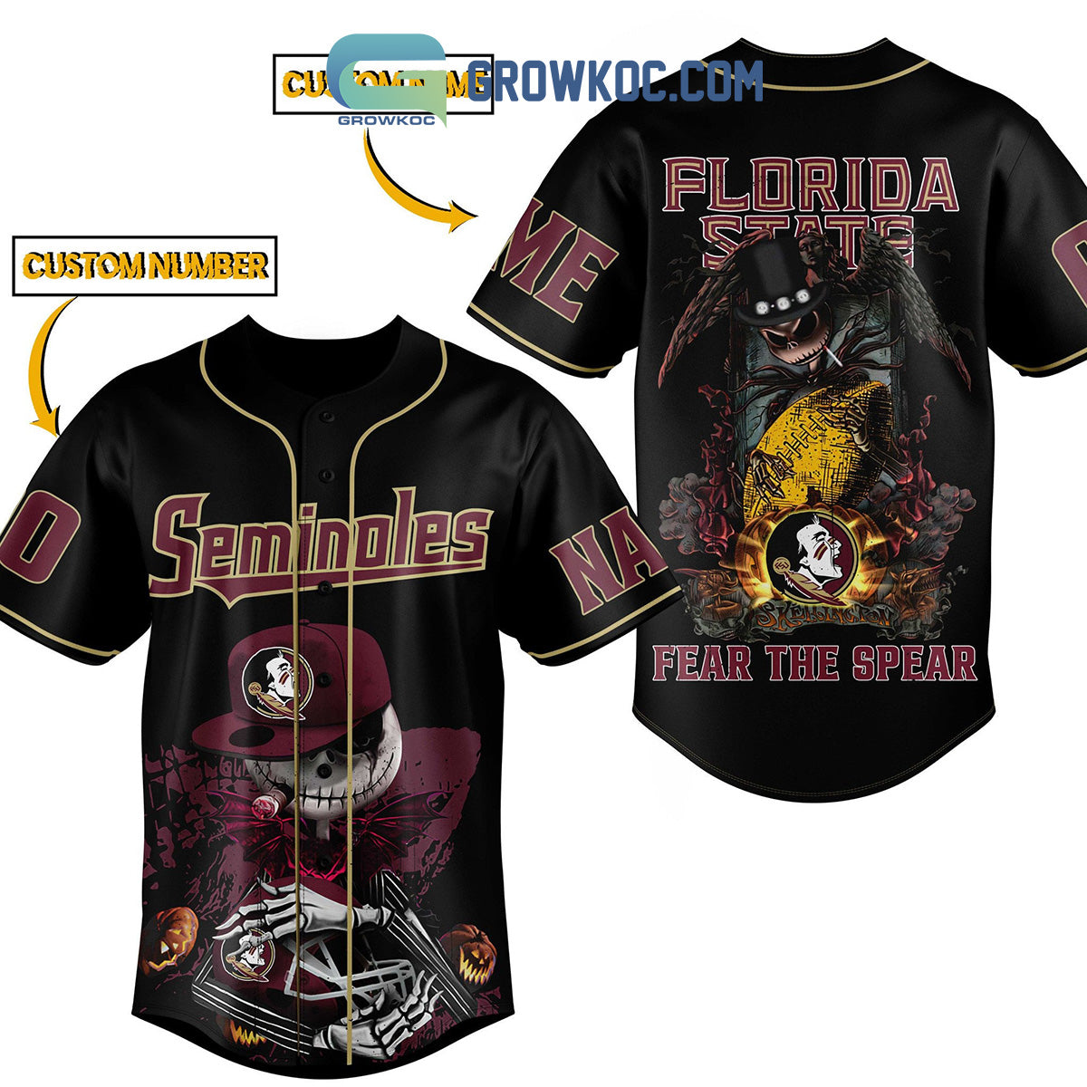 Florida State Seminoles Fear The Spear Jack Skellington Halloween Personalized Baseball Jersey baseball jersey product view 1