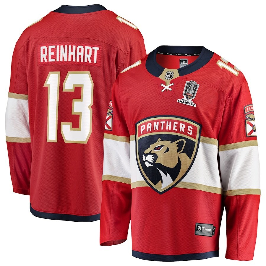 Florida Panthers #13 Sam Reinhart 2025 Stanley Cup Champions Breakaway Jersey - Red Hockey Jersey hockey jersey product view 1