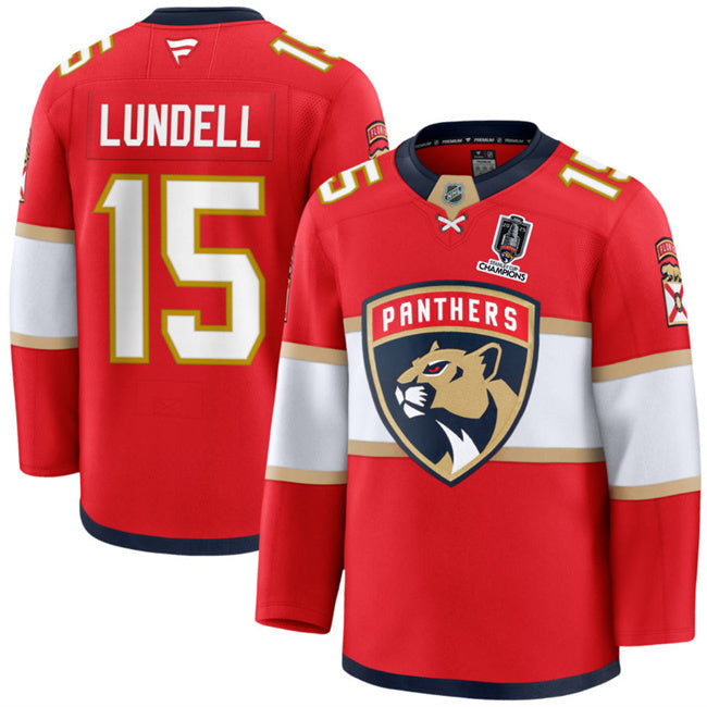 Florida Panthers #15 Anton Lundell Red Home 2025 Stanley Cup Champions Patch Hockey Jersey hockey jersey product view 1