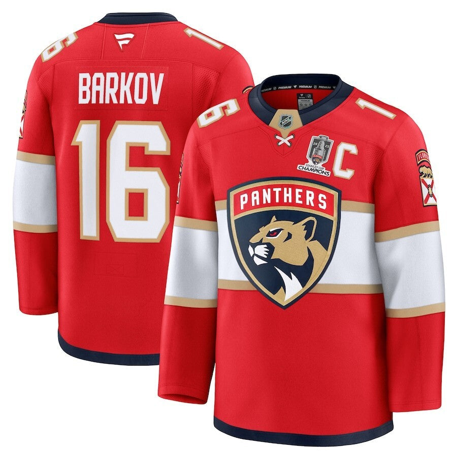 Florida Panthers #16 Aleksander Barkov Home 2025 Stanley Cup Champions Premium Patched Jersey - Red hockey jersey product view 1