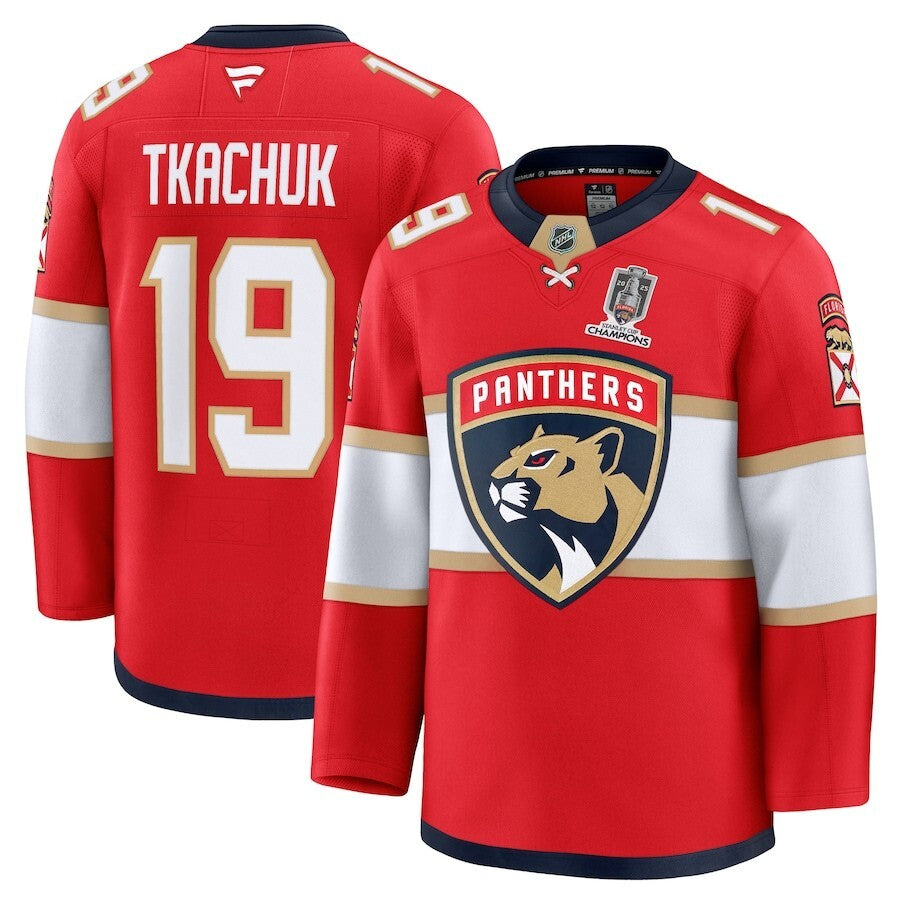 Florida Panthers #19 Matthew Tkachuk Home 2025 Stanley Cup Champions Premium Patched Jersey - Red hockey jersey product view 1