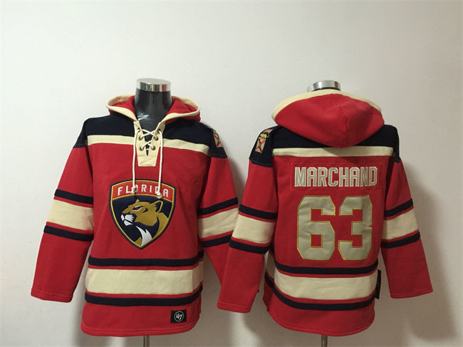 Florida Panthers #63 Brad Marchand Red Lace-Up Pullover Hoodie Hockey Jersey hockey jersey product view 1