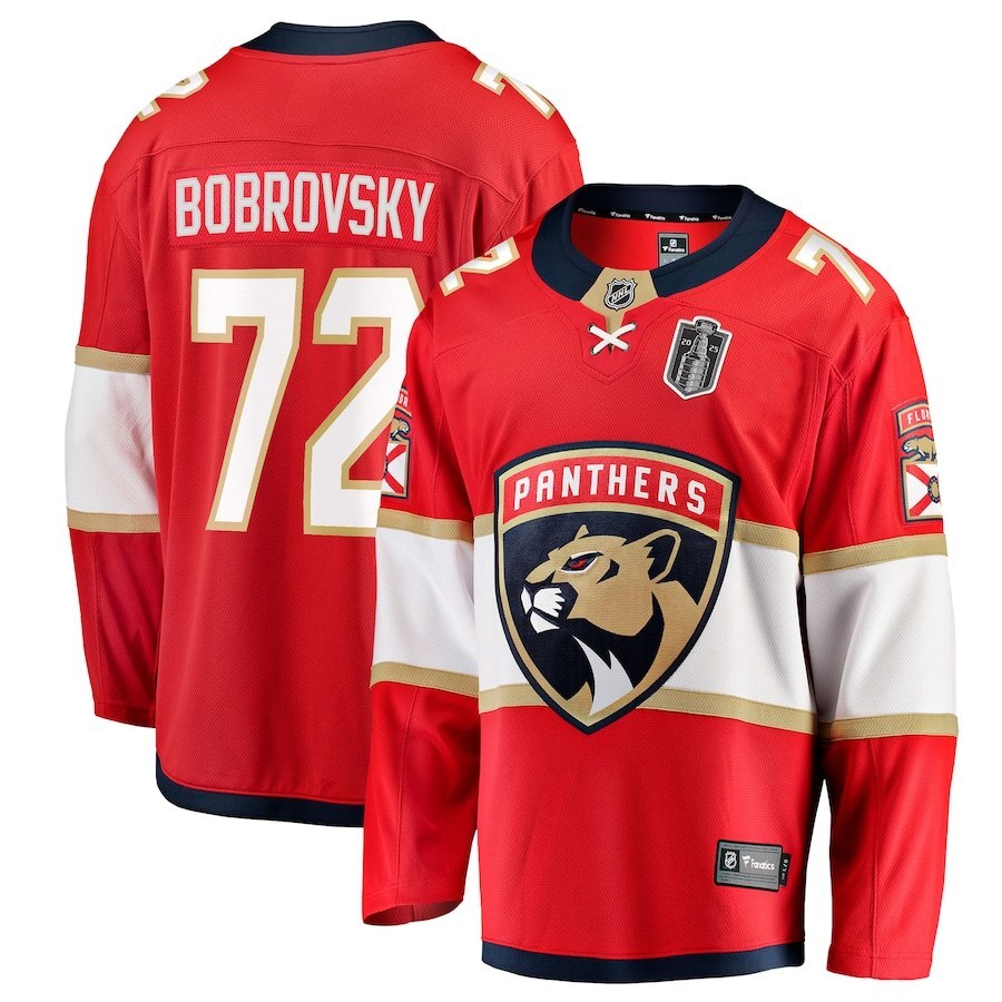 Florida Panthers #72 Sergei Bobrovsky 2025 Stanley Cup Final Home Breakaway Player Jersey - Red hockey jersey product view 1