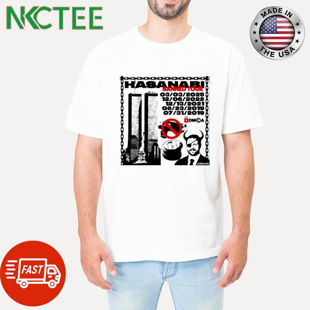 Funny Hasanabi Banned Tour 2019-2025 JD Vance shirt Unisex T-shirt, Sweatshirt, Hoodie, Long Sleeve Tee - T-Shirt, Sweatshirt, Hoodie