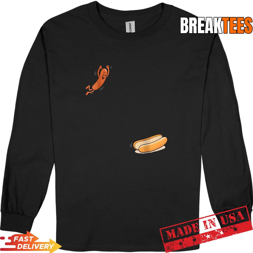 Funny Hot Dog Jumping Into Bun Sausage BBQ High Dive - Adult & Kids T-Shirts, Sweatshirts & Hoodies apparel design preview 3