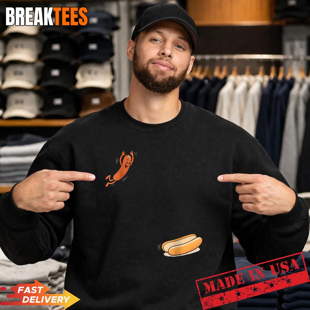 Funny Hot Dog Jumping Into Bun Sausage BBQ High Dive - Adult & Kids T-Shirts, Sweatshirts & Hoodies apparel design preview 4