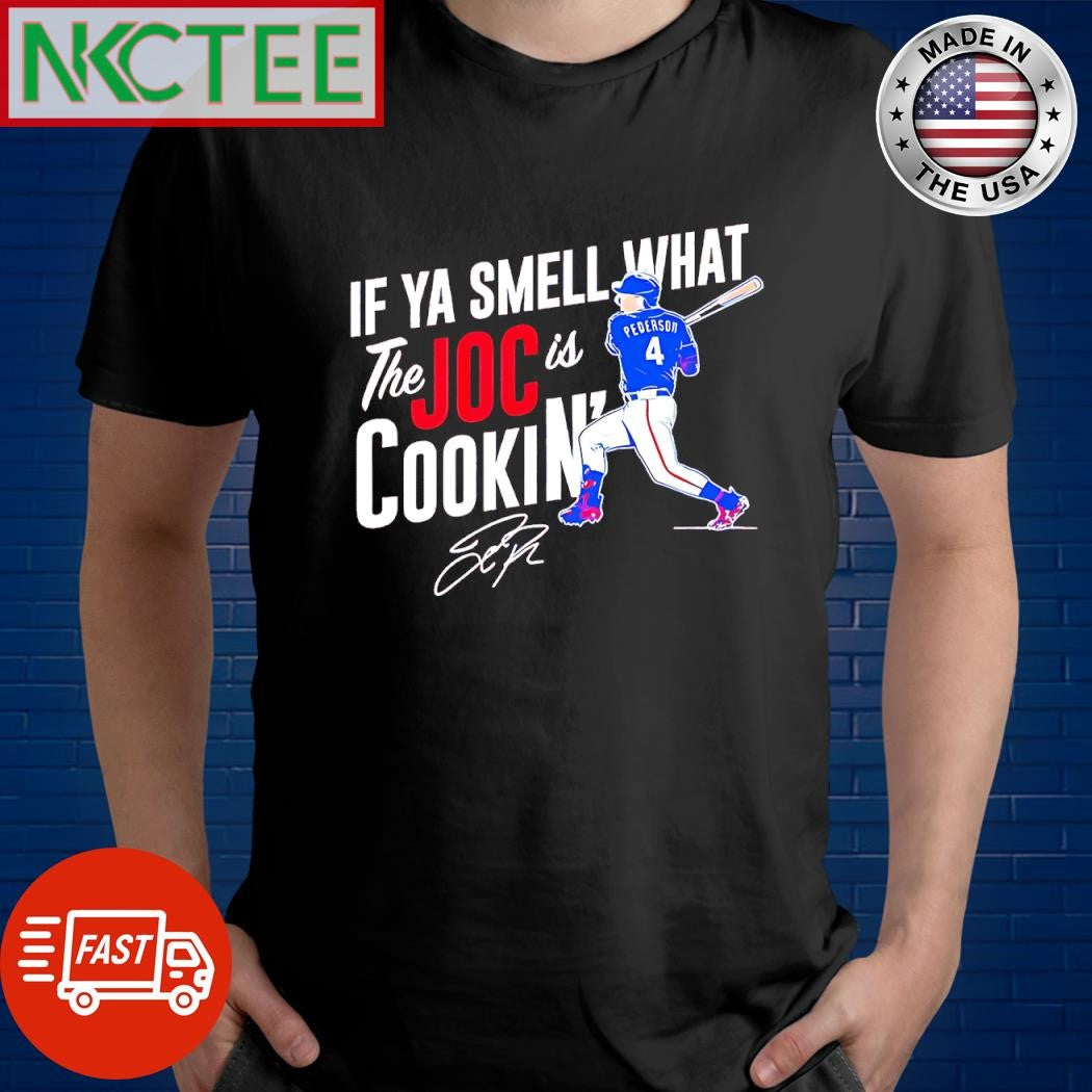 Funny Texas Rangers Joc Pederson if ya smell what the Joc is cookin’ signature batting shirt - T-Shirt, Sweatshirt, Hoodie
