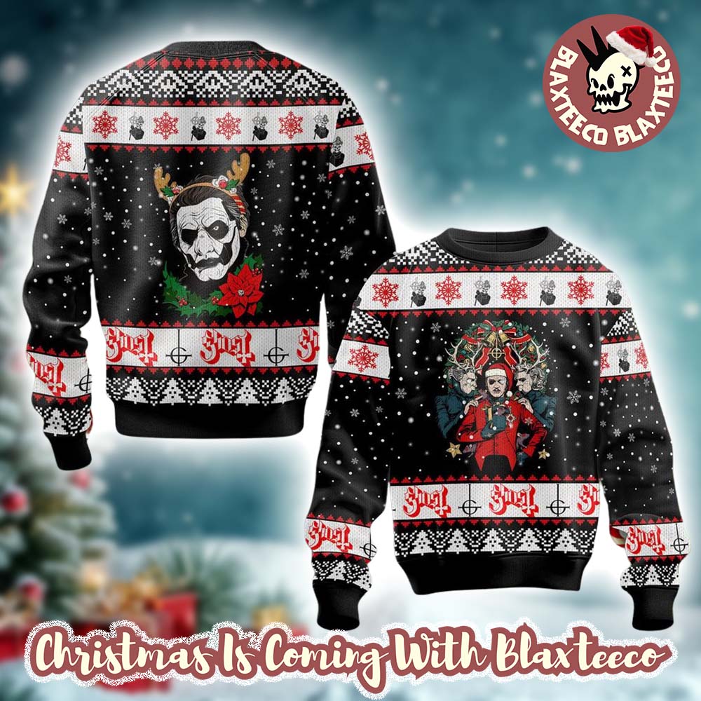 Ghost Band Funny Holiday Style Reindeer Under The Snowy Night Ugly Christmas Sweater 2025 Unisex T-shirt, Sweatshirt, Hoodie, Long Sleeve Tee - T-Shirt, Sweatshirt, Hoodie