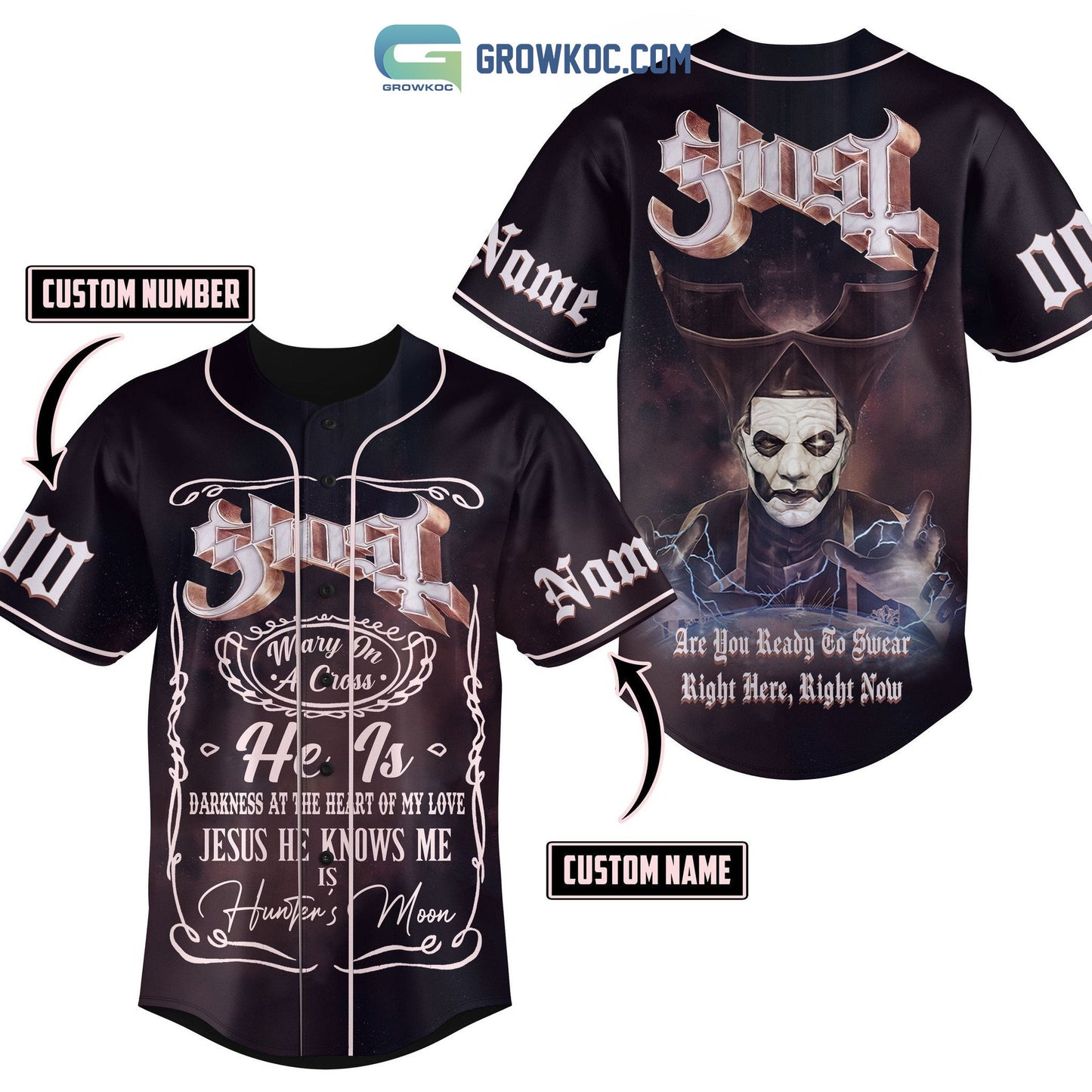 Ghost He Is Darkness At The Heart Of My Love Jesus He Knows Me Is Hunter’s Moon Personalized Baseball Jersey baseball jersey product view 1