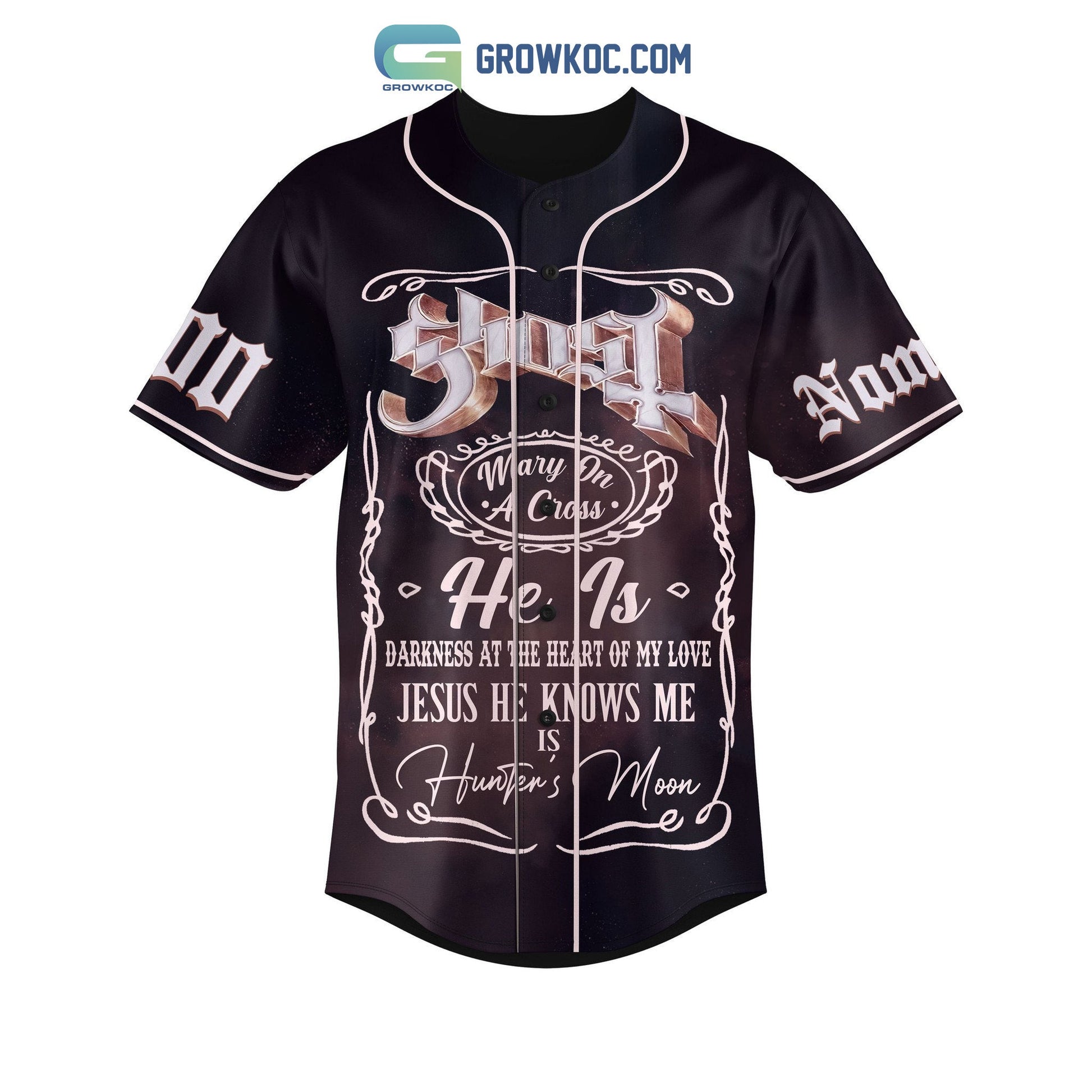 Ghost He Is Darkness At The Heart Of My Love Jesus He Knows Me Is Hunter’s Moon Personalized Baseball Jersey baseball jersey product view 2