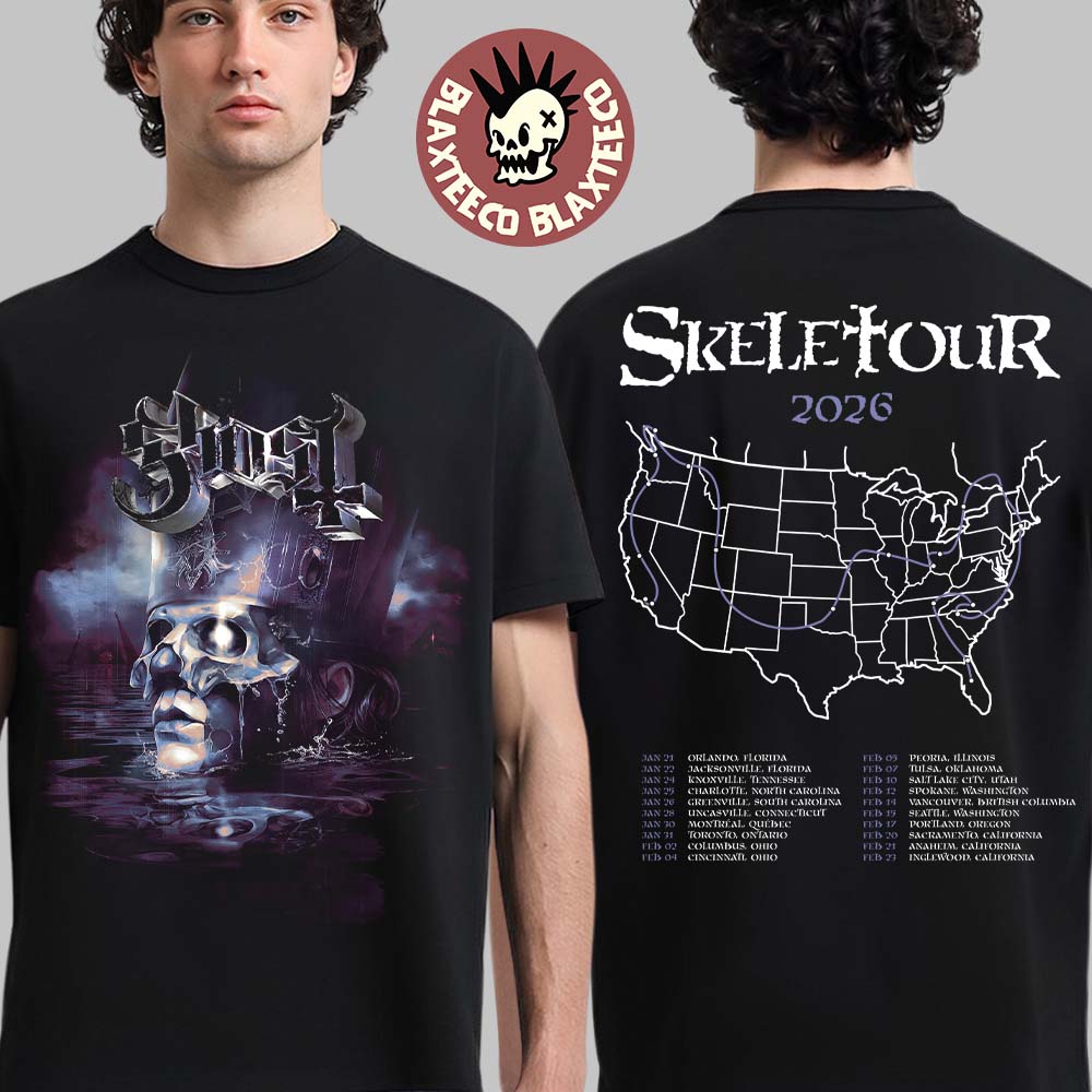 Ghost Skeletour 2026 North America Merch Official Artwork Papa V Perpetua With Dates Back Two Sided T-Shirt - T-Shirt, Sweatshirt, Hoodie