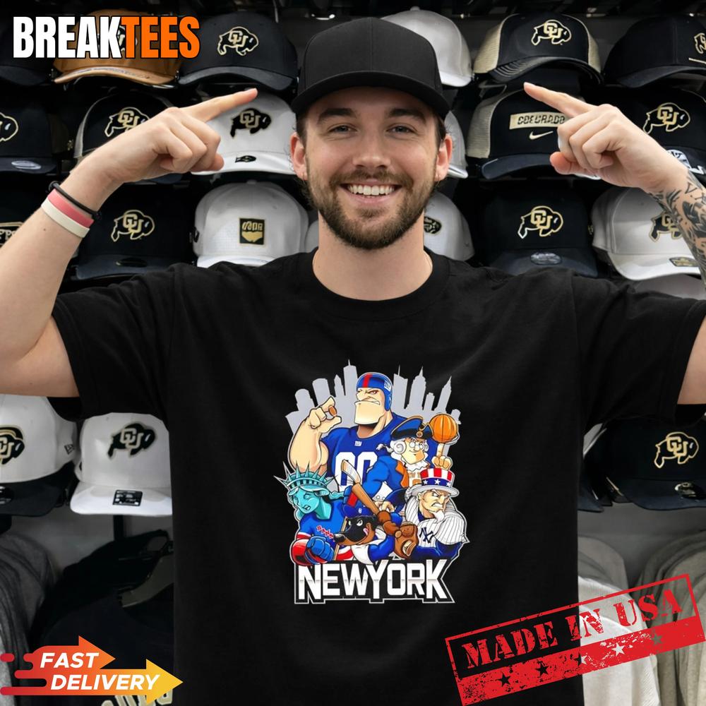 Giants Yankees Rangers Dodgers and Mets New York city skyline mascot T-Shirt Unisex T-shirt, Sweatshirt, Hoodie, Long Sleeve Tee - T-Shirt, Sweatshirt, Hoodie